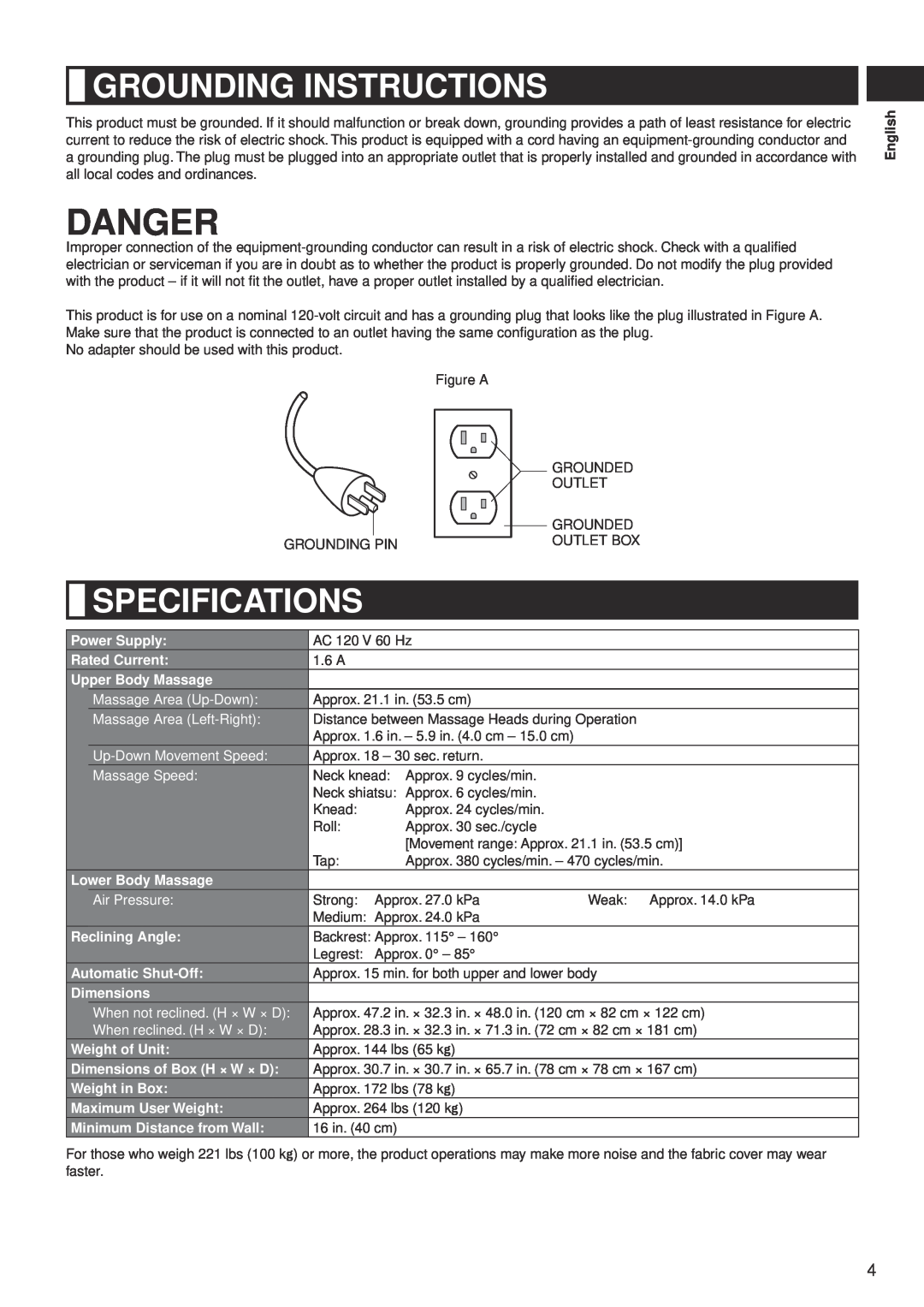 Panasonic EP-MA10 manual Danger, Grounding Instructions, Specifications, Massage Area Up-Down, Massage Area Left-Right 