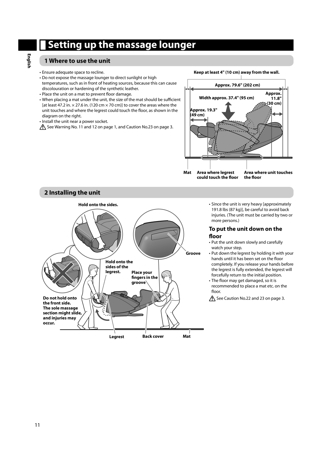 Panasonic EP-MA70 specifications Setting up the massage lounger, Where to use the unit, Installing the unit 