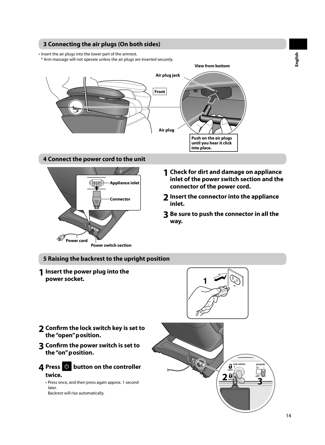 Panasonic EP-MA70 specifications Connecting the air plugs On both sides, Connect the power cord to the unit 