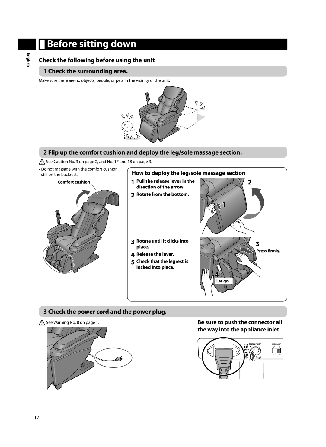 Panasonic EP-MA70 specifications Before sitting down, Check the power cord and the power plug, Let go Press firmly 