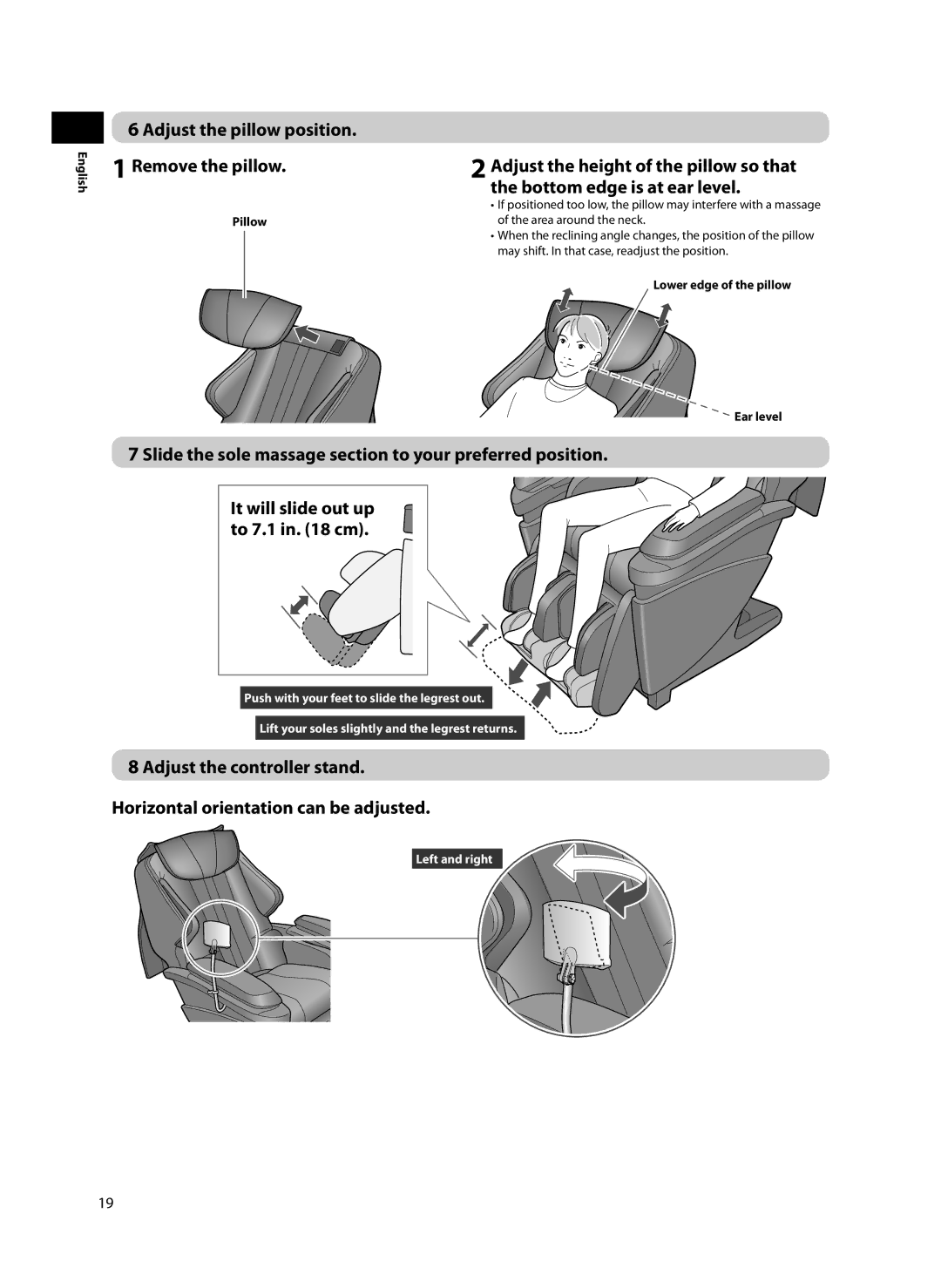 Panasonic EP-MA70 specifications Adjust the pillow position Remove the pillow, Lower edge of the pillow Ear level 