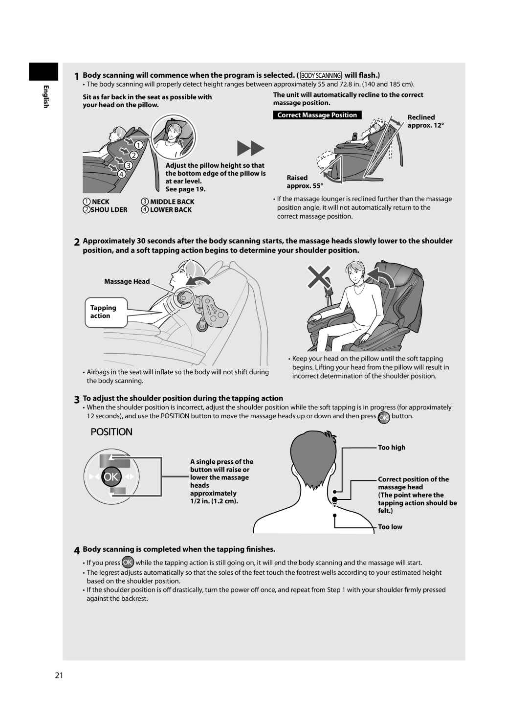 Panasonic EP-MA70 specifications At ear level, See, Reclined, Massage Head Tapping action, Too high, Felt, Too low 