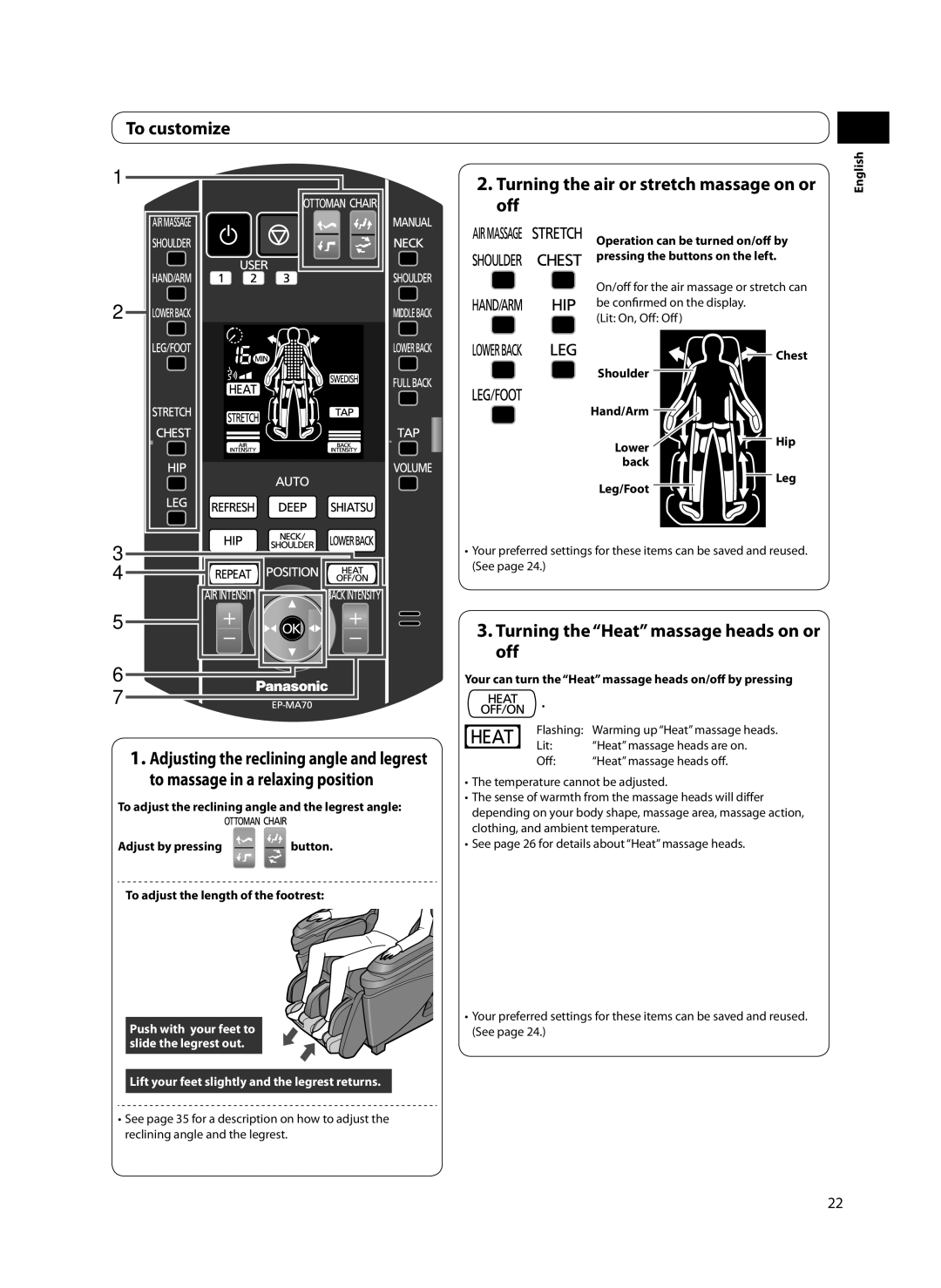 Panasonic EP-MA70 To customize, Turning the air or stretch massage on or, Off, Turning the Heat massage heads on or off 