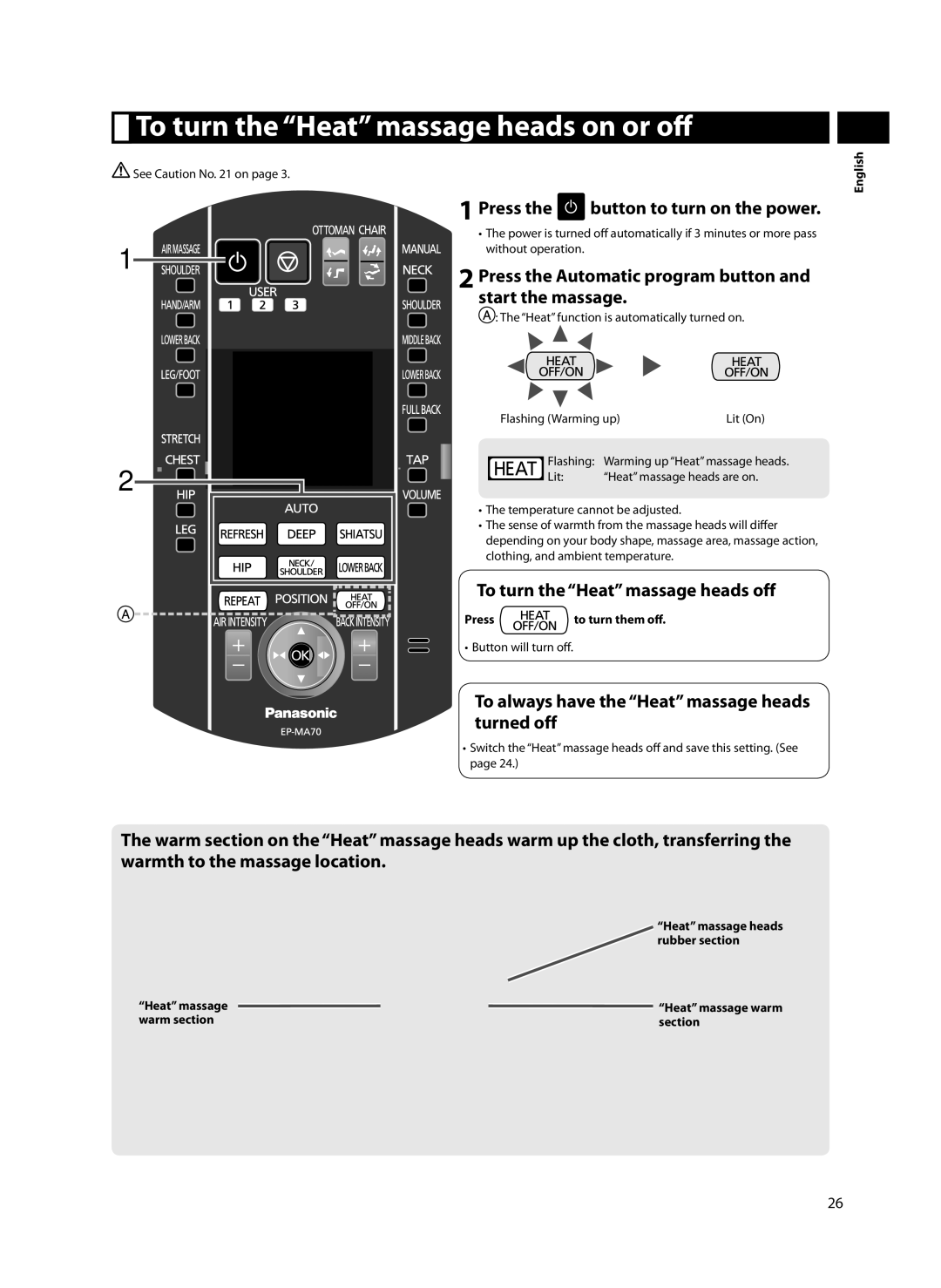 Panasonic EP-MA70 To turn the Heat massage heads on or off, Start the massage, To turn the Heat massage heads off 