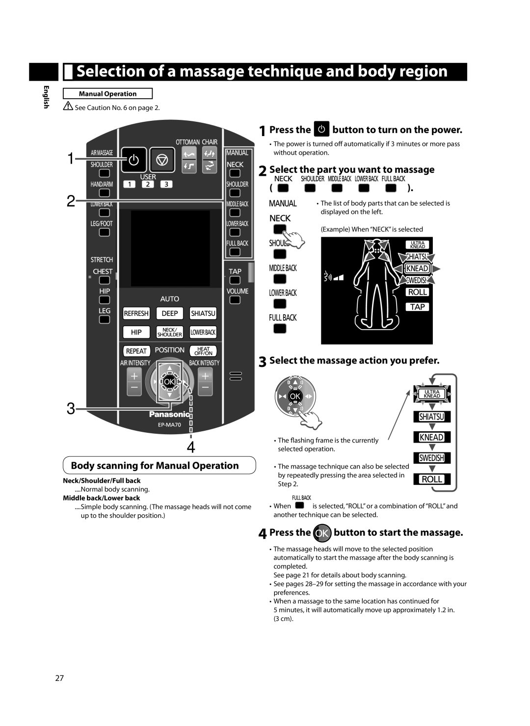 Panasonic EP-MA70 specifications Selection of a massage technique and body region, Select the part you want to massage 