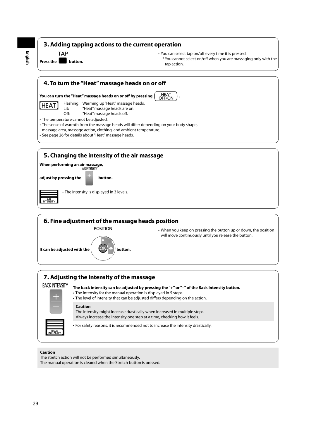 Panasonic EP-MA70 specifications Adding tapping actions to the current operation, To turn the Heat massage heads on or off 