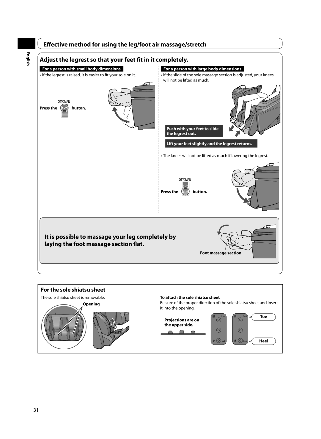 Panasonic EP-MA70 specifications Press the button, Foot massage section, Opening To attach the sole shiatsu sheet 