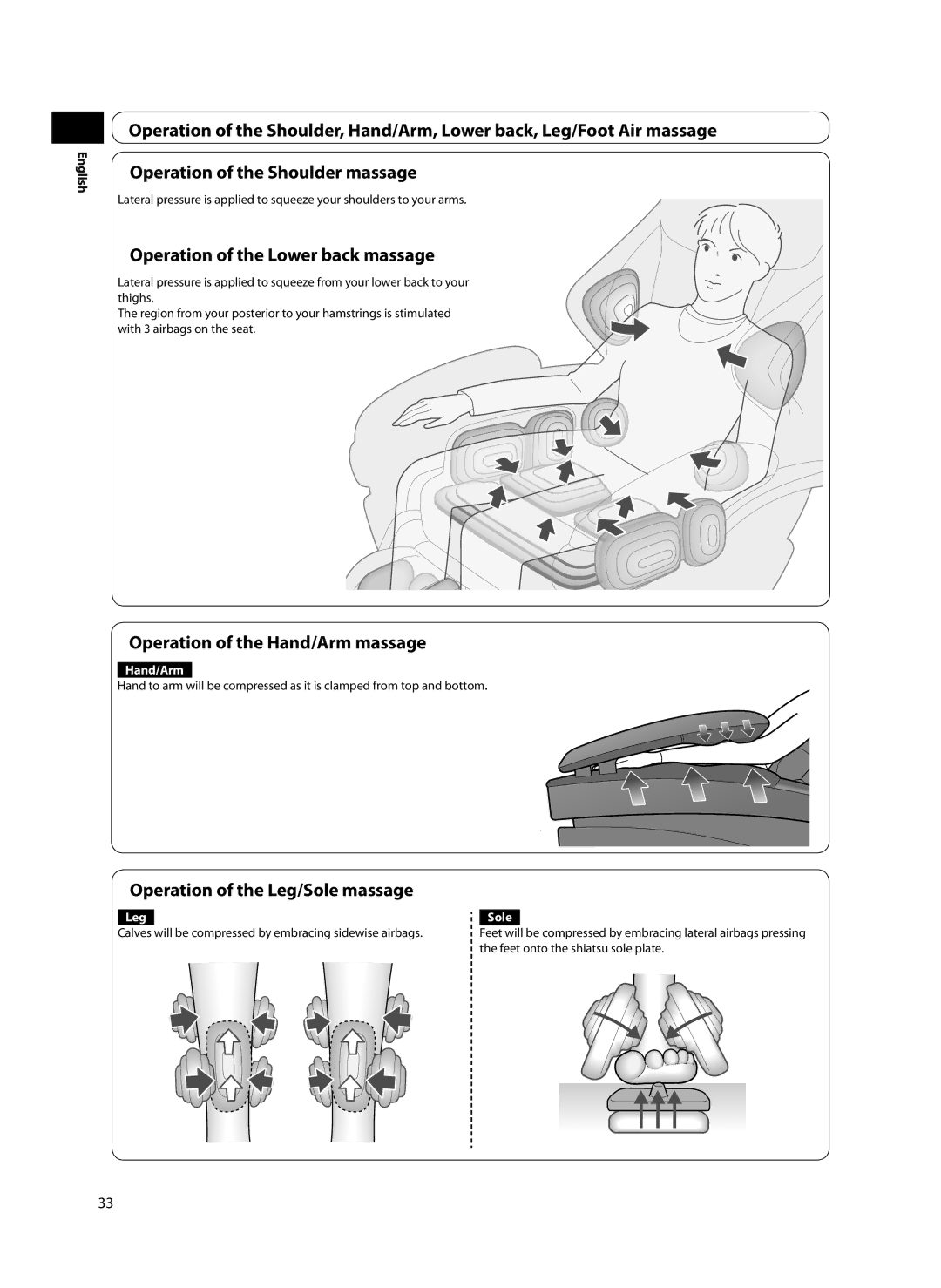 Panasonic EP-MA70 specifications Operation of the Lower back massage, Operation of the Hand/Arm massage 