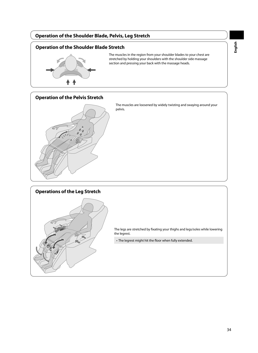 Panasonic EP-MA70 specifications Operation of the Pelvis Stretch, Operations of the Leg Stretch 