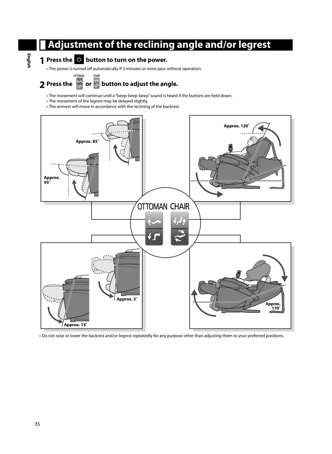 Panasonic EP-MA70 Adjustment of the reclining angle and/or legrest, Press the or button to adjust the angle, Approx ˚ 95˚ 