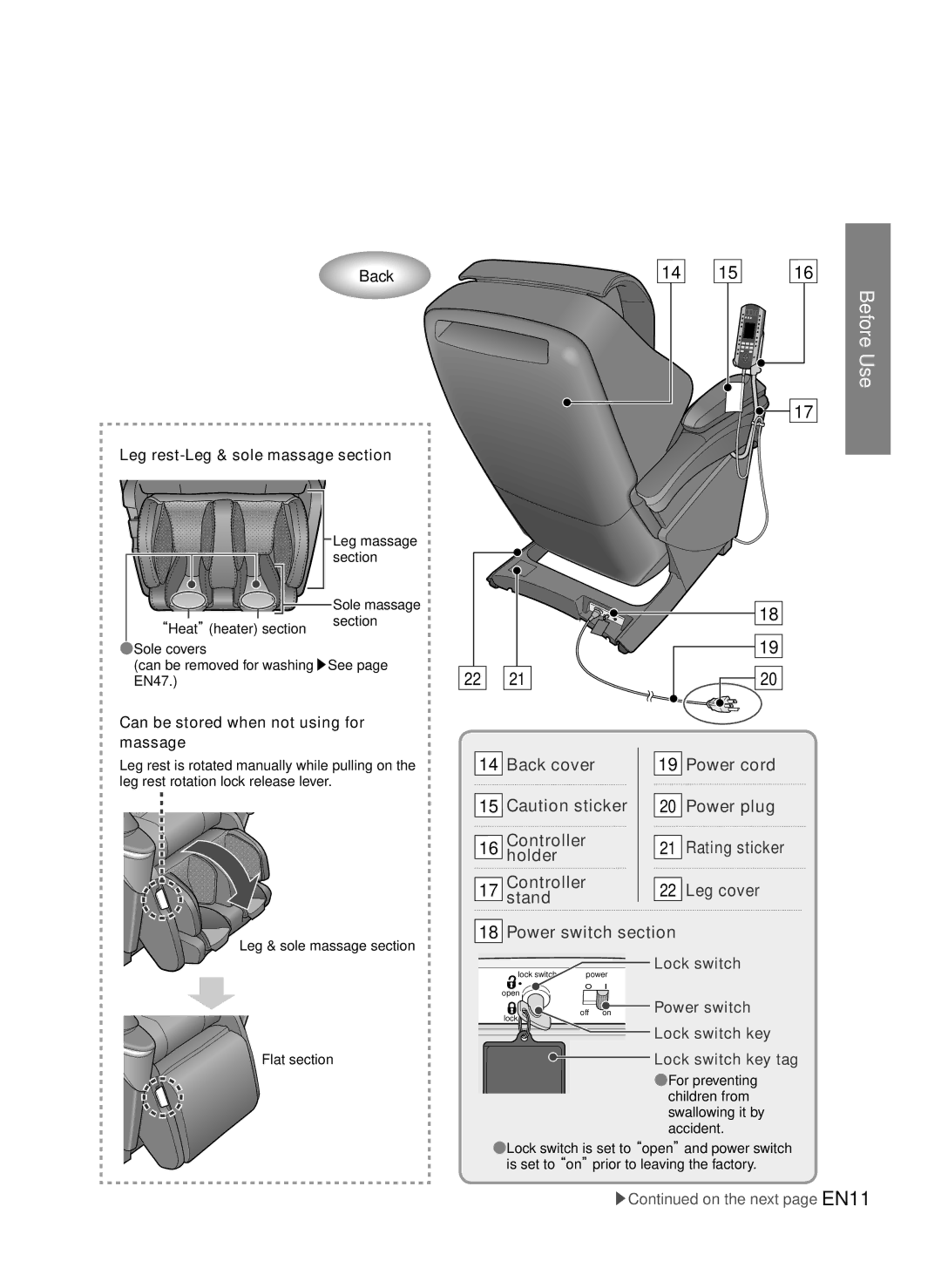 Panasonic EP-MA73 manual Back cover, Power cord Power plug Rating sticker Leg cover, Power switch section 