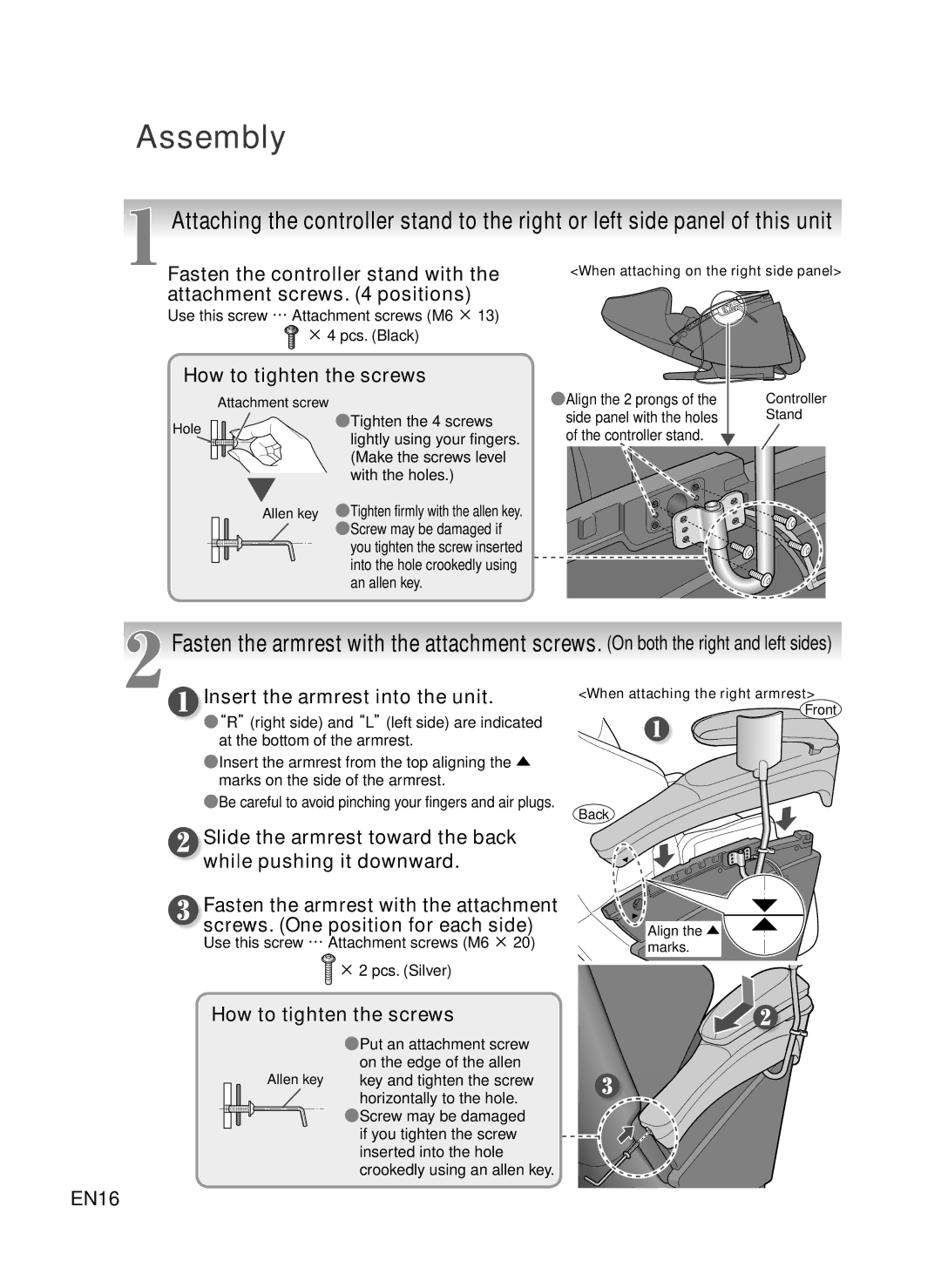 Panasonic EP-MA73 manual Assembly, Attachment screws positions, How to tighten the screws, Insert the armrest into the unit 