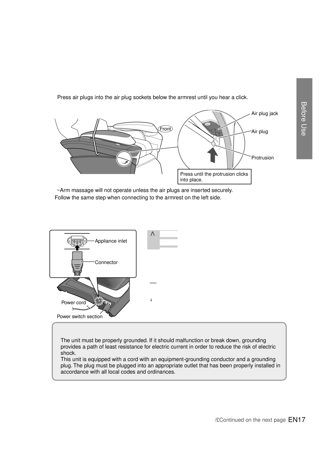 Panasonic EP-MA73 manual Connect the air plugs, Connect the power cord to the unit 