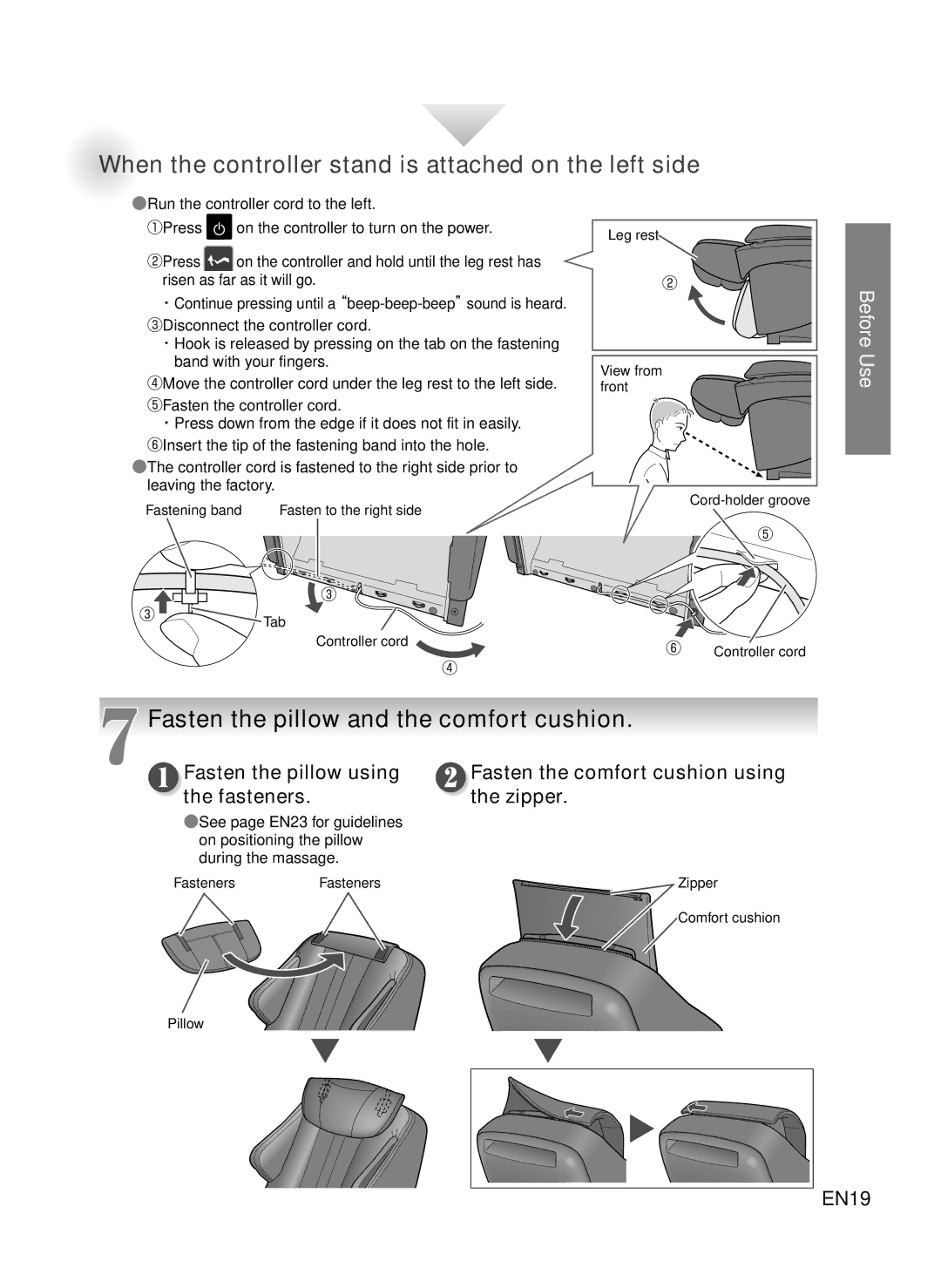 Panasonic EP-MA73 When the controller stand is attached on the left side, Fasten the pillow and the comfort cushion, Pper 