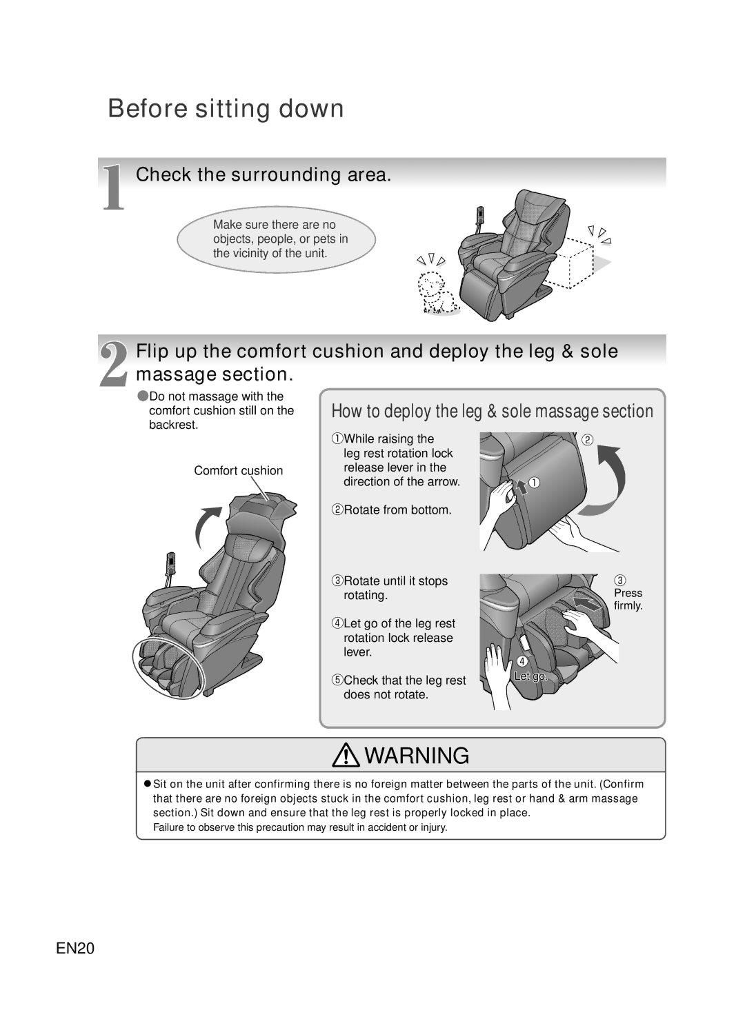 Panasonic EP-MA73 manual Before sitting down, Check the surrounding area 