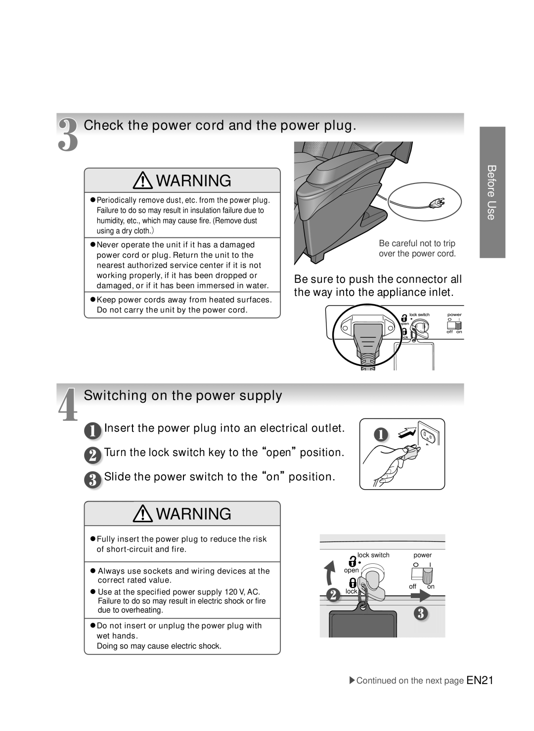 Panasonic EP-MA73 manual Check the power cord and the power plug, Switching on the power supply 