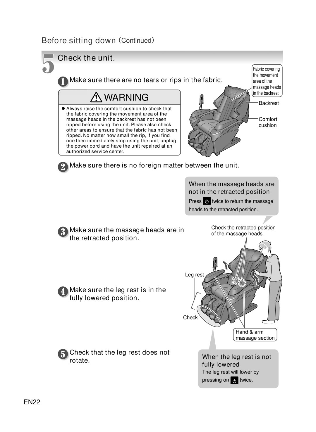 Panasonic EP-MA73 manual Before sitting down（）, Check the unit, Make sure there are no tears or rips in the fabric 