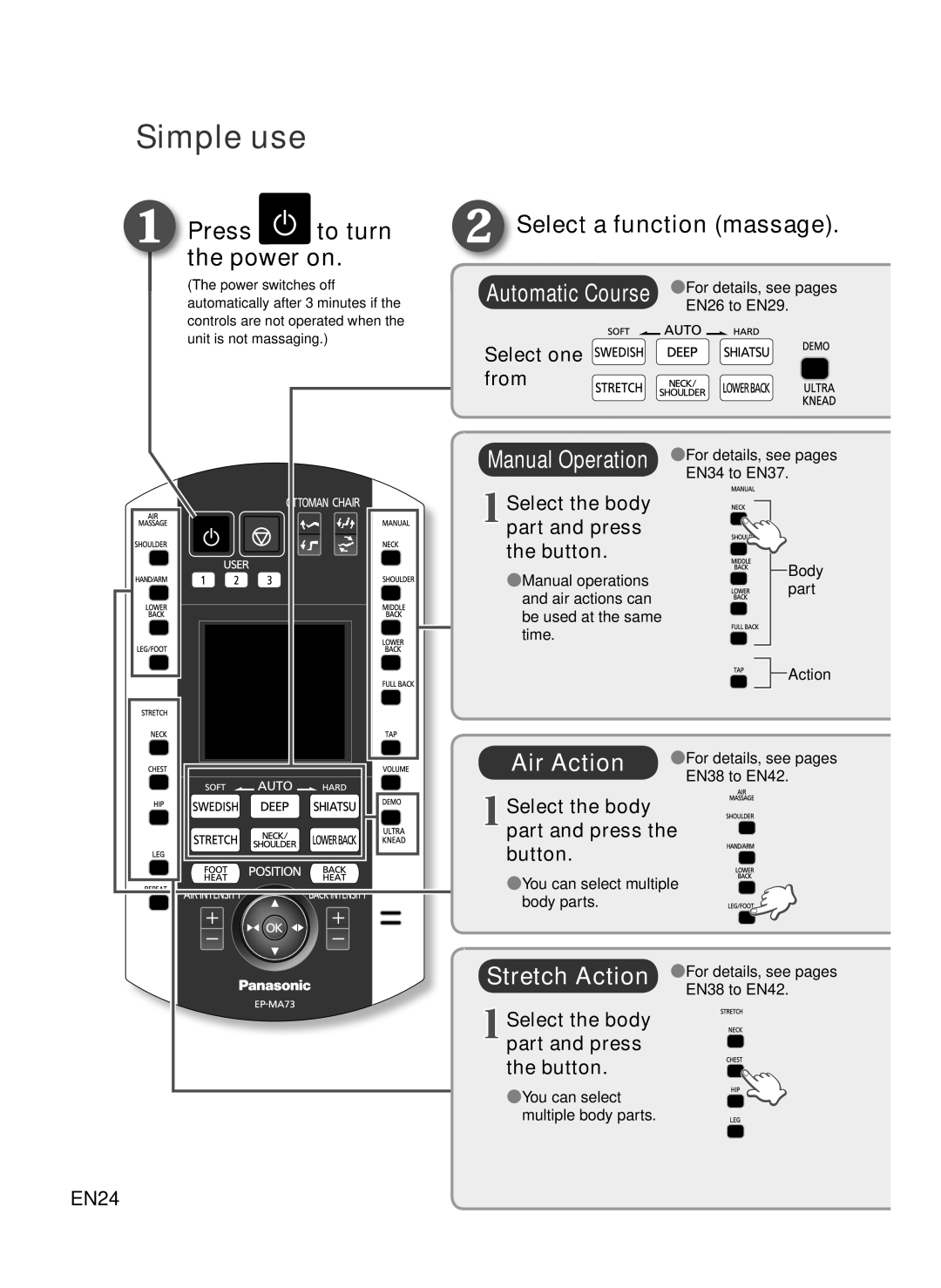 Panasonic EP-MA73 Simple use, ❶ Press to turn ❷ Select function massage. the power on, Stretch Action, Select one from 