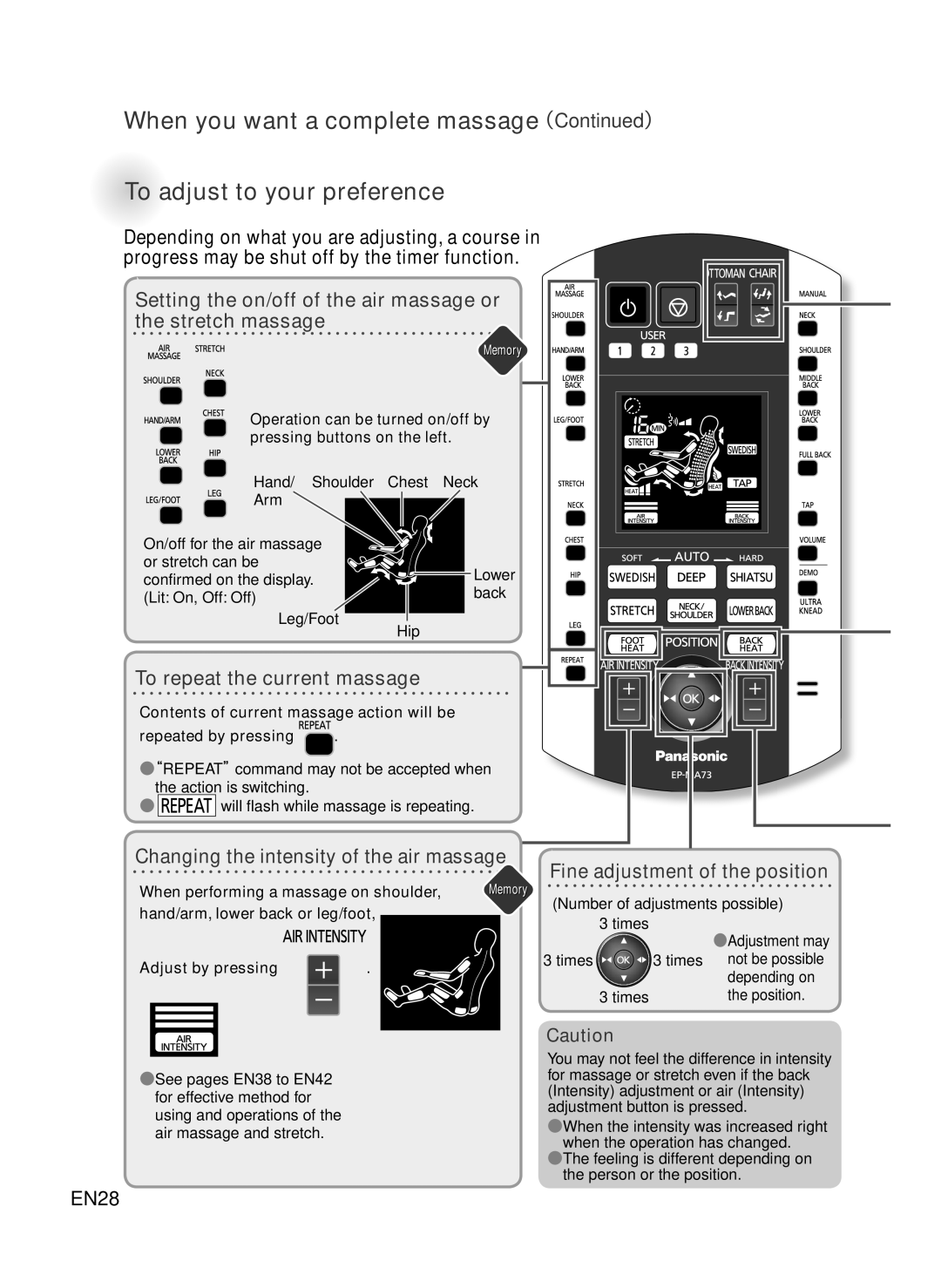 Panasonic EP-MA73 manual To repeat the current massage, Changing the intensity of the air massage 