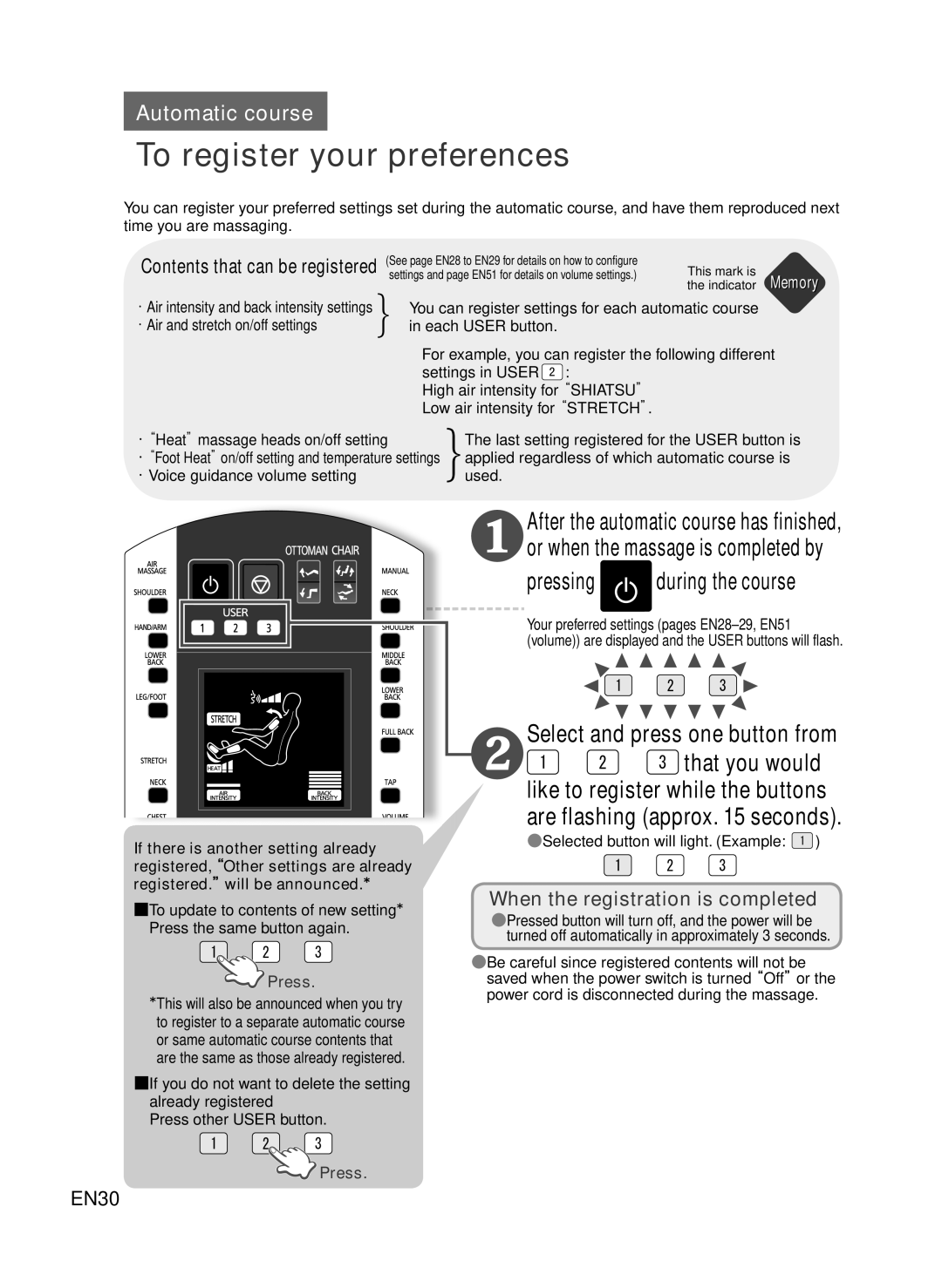 Panasonic EP-MA73 To register your preferences, Like to register while the buttons, When the registration is completed 