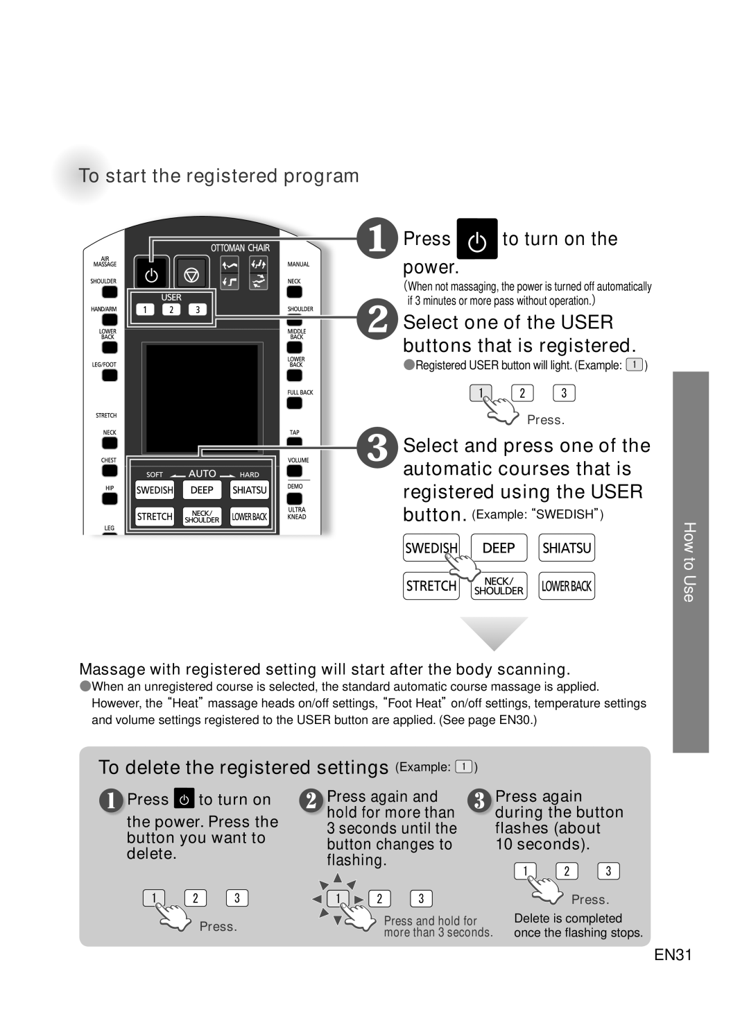 Panasonic EP-MA73 manual To start the registered program, ❶ Press, Power, To delete the registered settings Example 