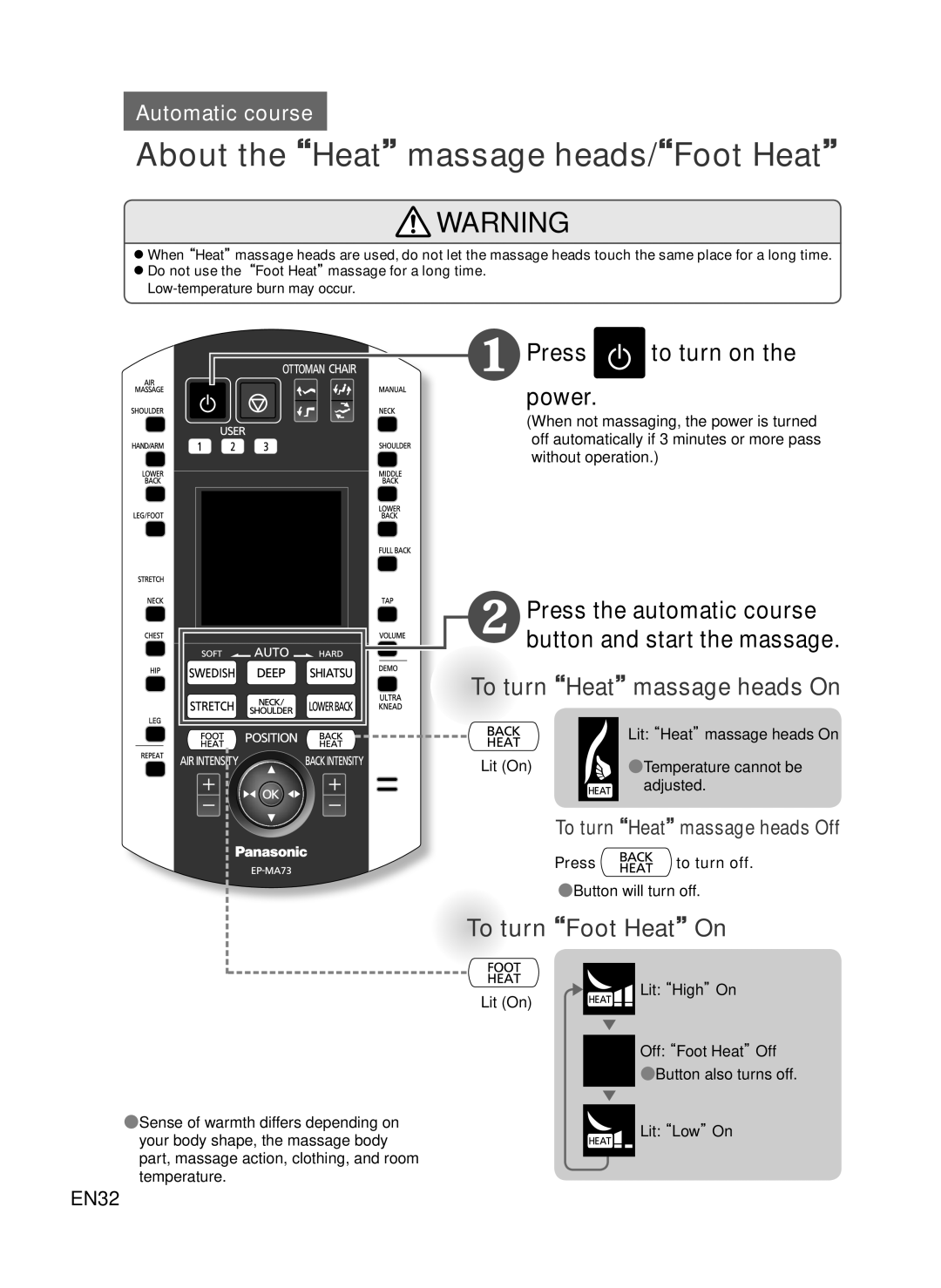 Panasonic EP-MA73 About theHeatmassage heads/Foot Heat, To turnHeatmassage heads On, To turnFoot HeatOn, Press to turn off 