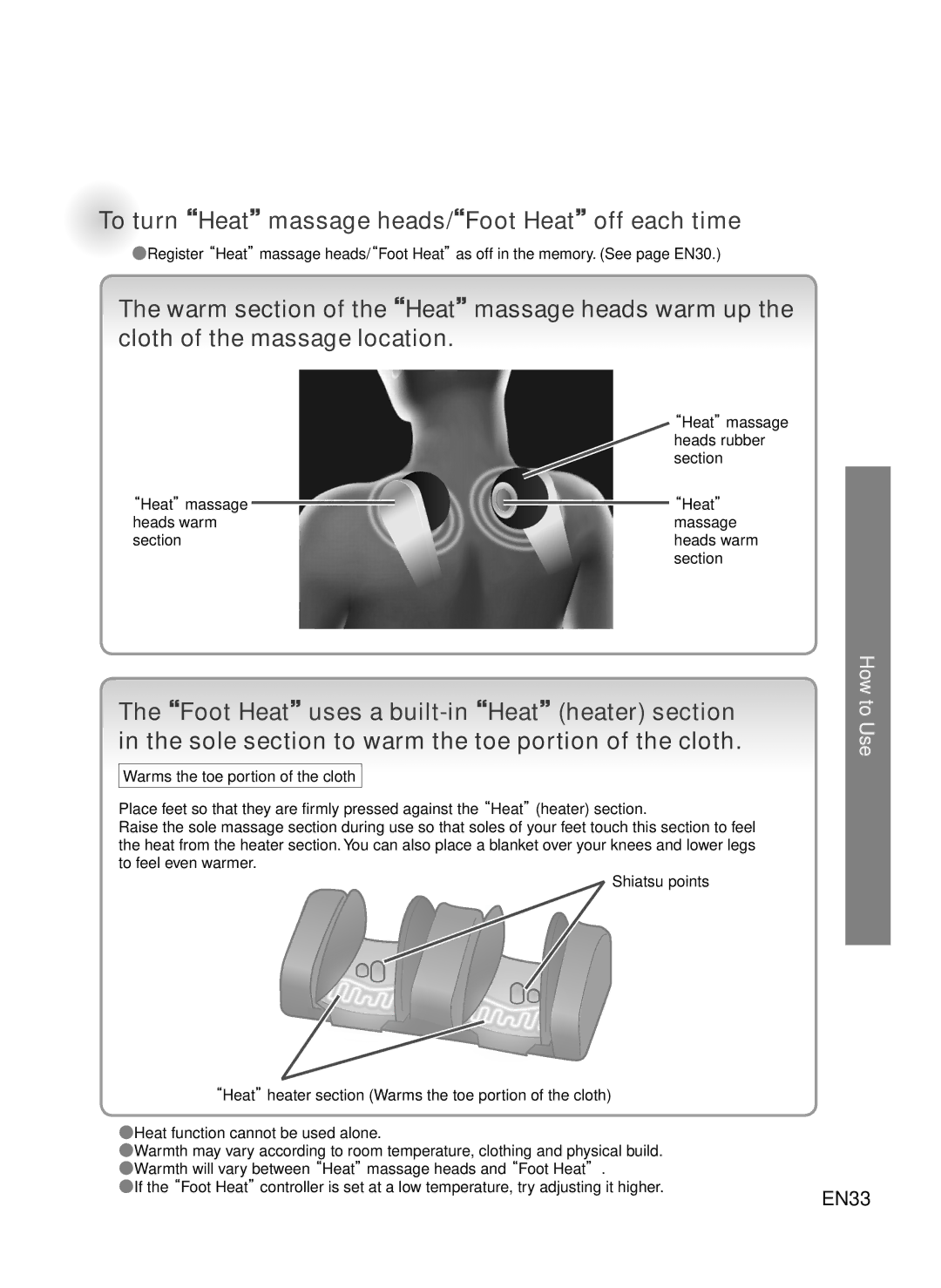 Panasonic EP-MA73 manual To turnHeatmassage heads/Foot Heatoff each time 