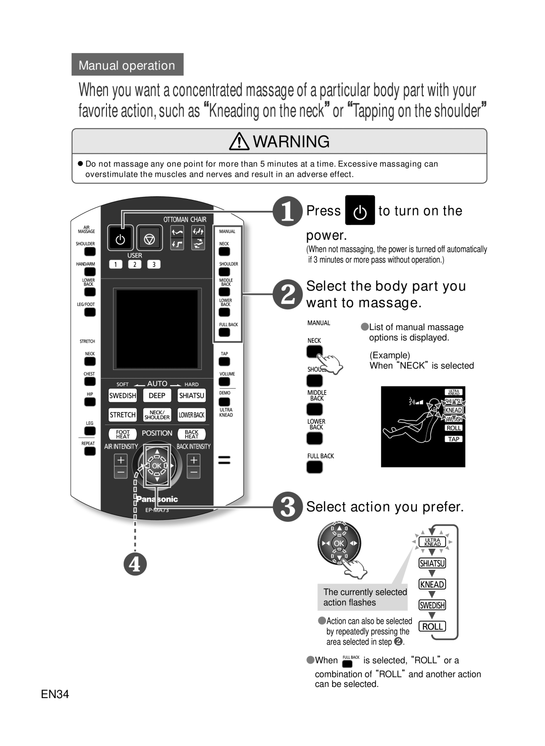 Panasonic EP-MA73 manual ❷ Select the body part you want to massage, ❸ Select action you prefer 