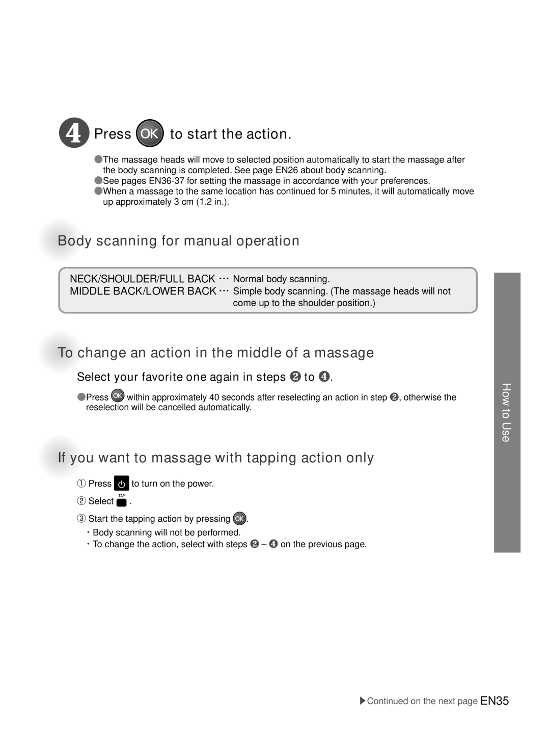 Panasonic EP-MA73 ❹ Press to start the action, Body scanning for manual operation 