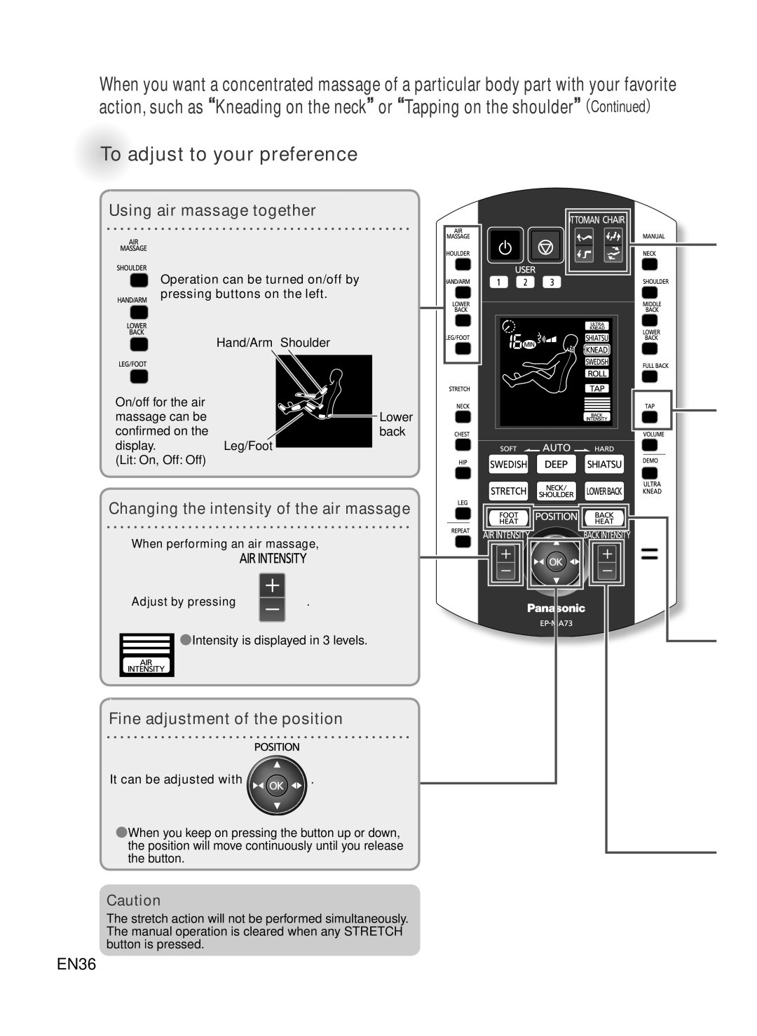 Panasonic EP-MA73 manual Using air massage together, It can be adjusted with 