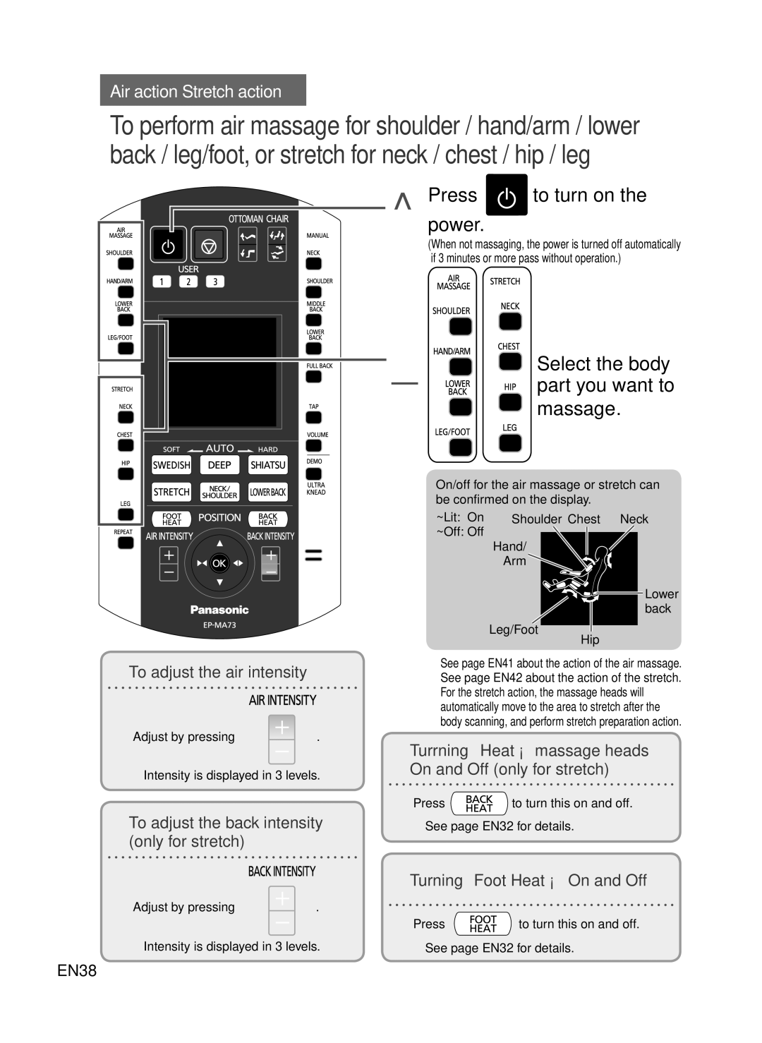 Panasonic EP-MA73 manual Select the body, Massage 