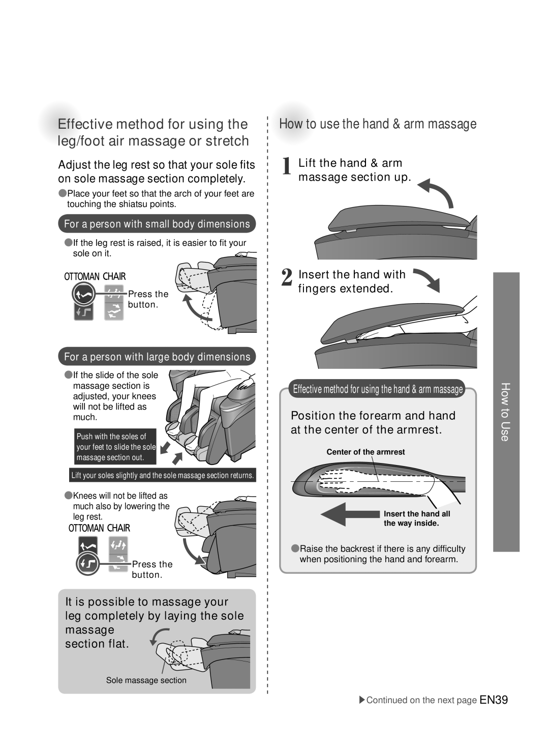 Panasonic EP-MA73 manual For a person with large body dimensions, Press the button 