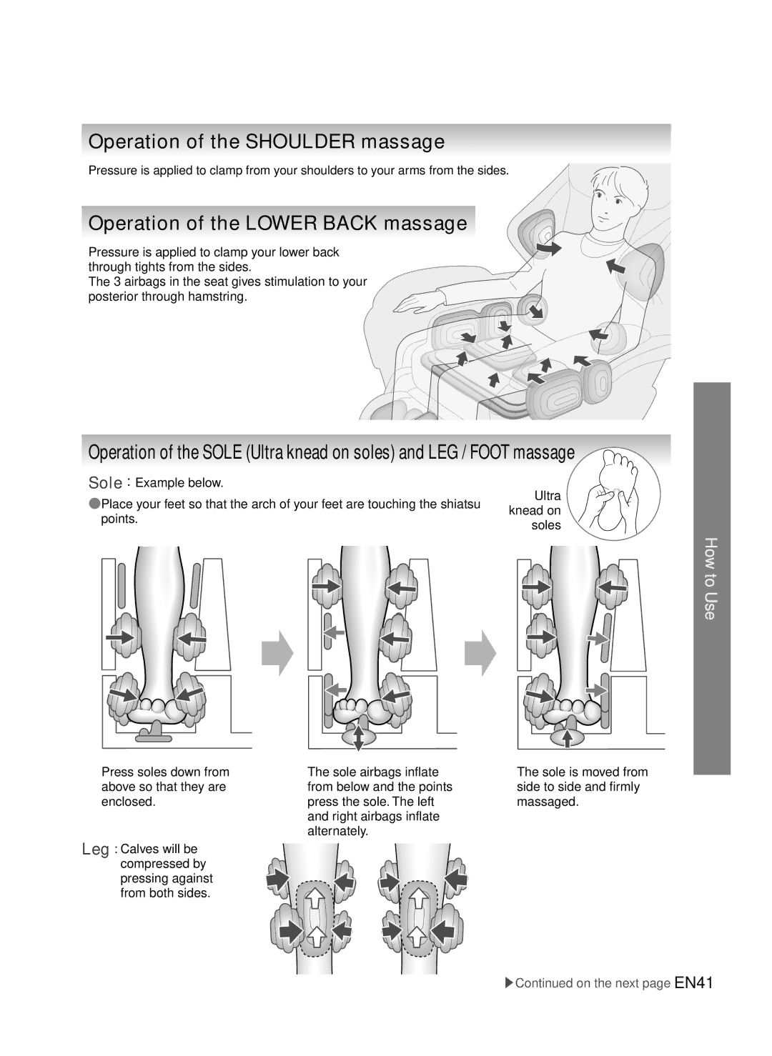 Panasonic EP-MA73 manual Operation of the Shoulder massage, Operation of the Lower Back massage 