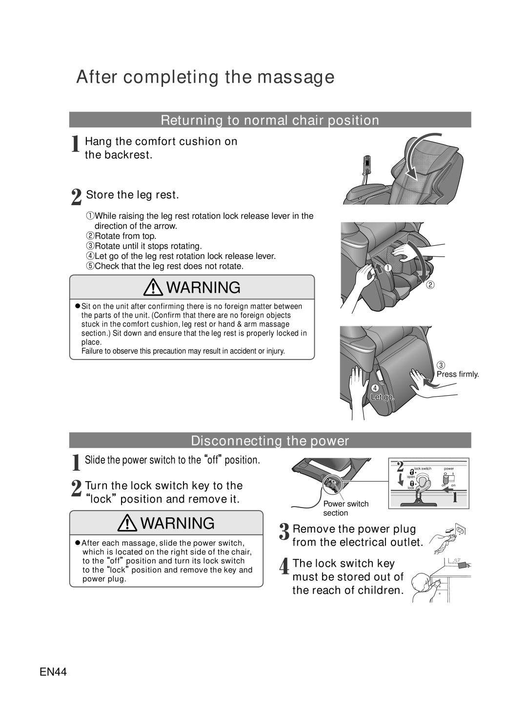 Panasonic EP-MA73 manual After completing the massage, Returning to normal chair position, Disconnecting the power 