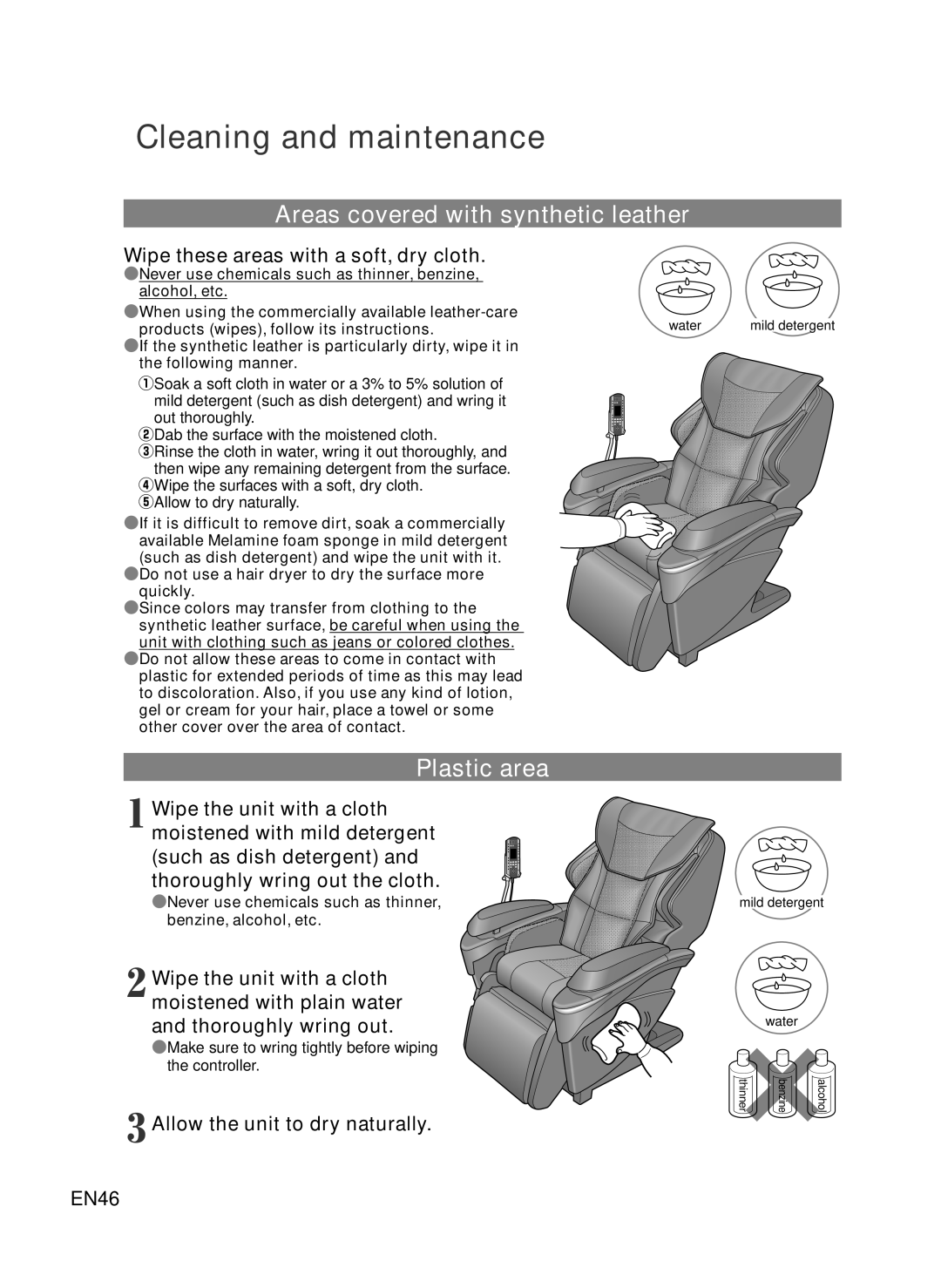 Panasonic EP-MA73 manual Cleaning and maintenance, Areas covered with synthetic leather, Plastic area 