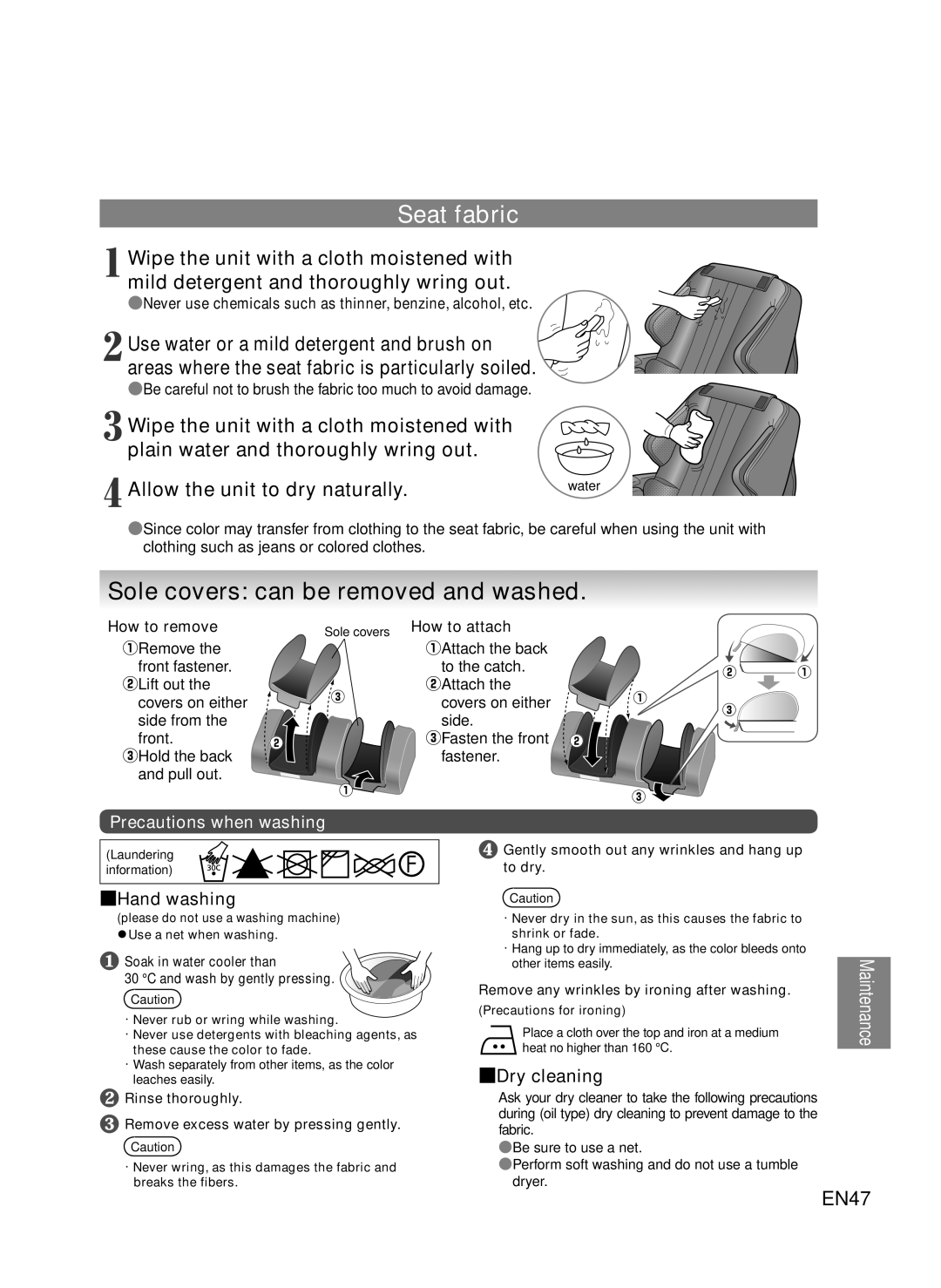 Panasonic EP-MA73 manual Seat fabric, Sole covers can be removed and washed, Dry cleaning, How to attach 