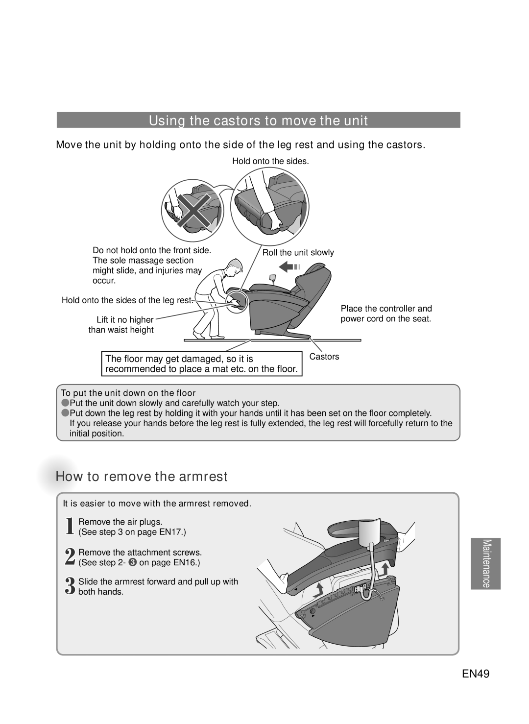 Panasonic EP-MA73 manual Using the castors to move the unit, How to remove the armrest 