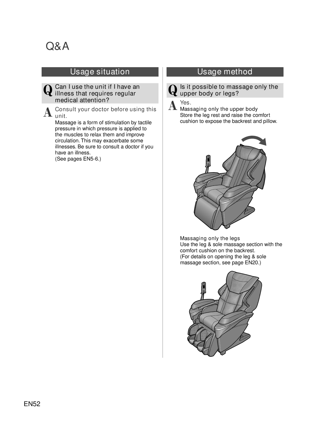 Panasonic EP-MA73 manual Usage situation, Usage method, Is it possible to massage only the upper body or legs? 