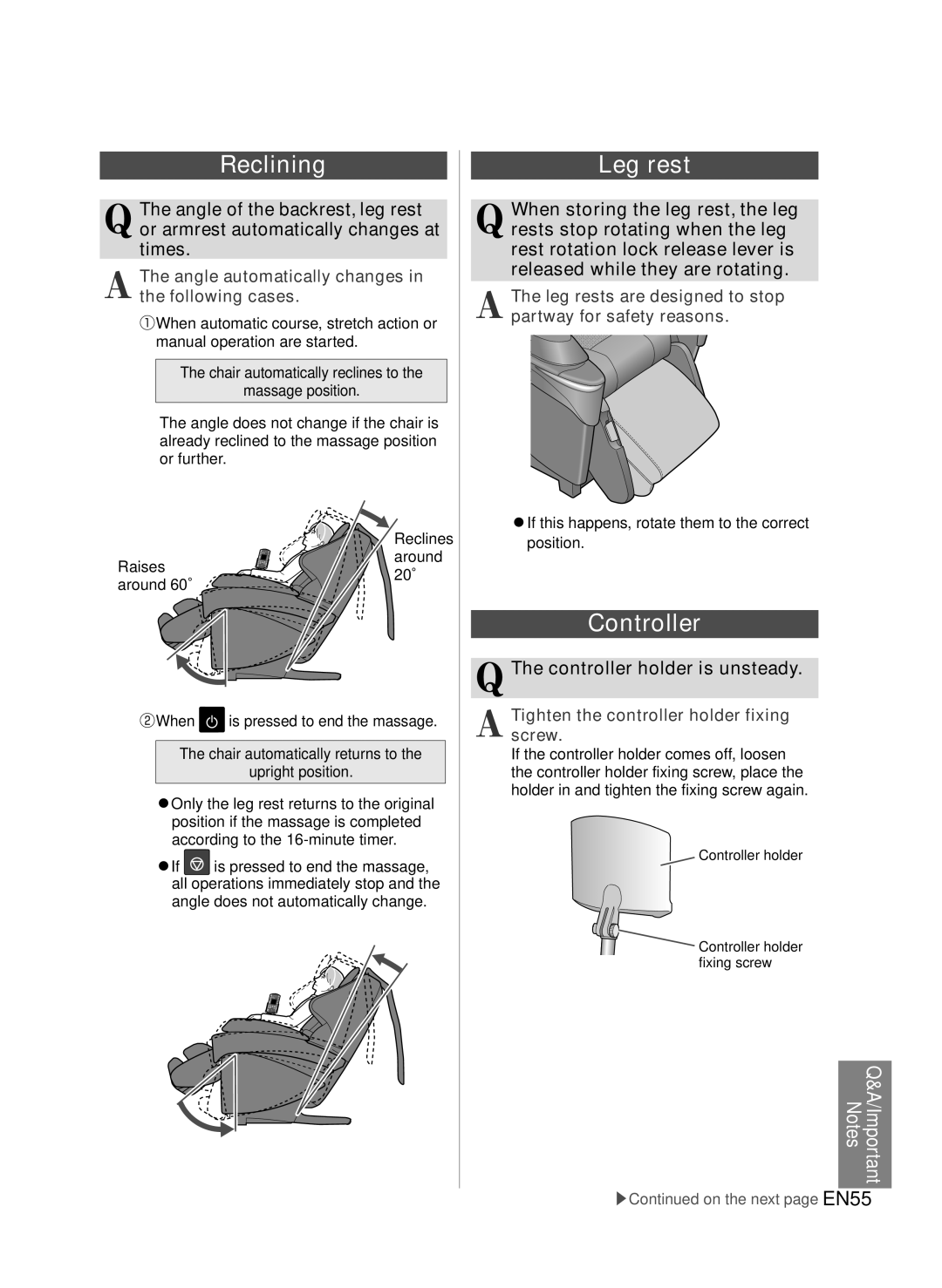 Panasonic EP-MA73 manual Reclining, Leg rest, Controller holder is unsteady 