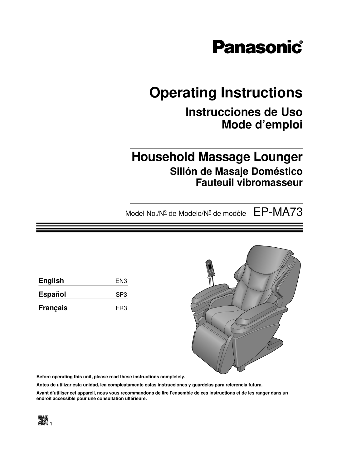 Panasonic EP-MA73 manual Instrucciones de Uso Mode d’emploi, Sillón de Masaje Doméstico Fauteuil vibromasseur 