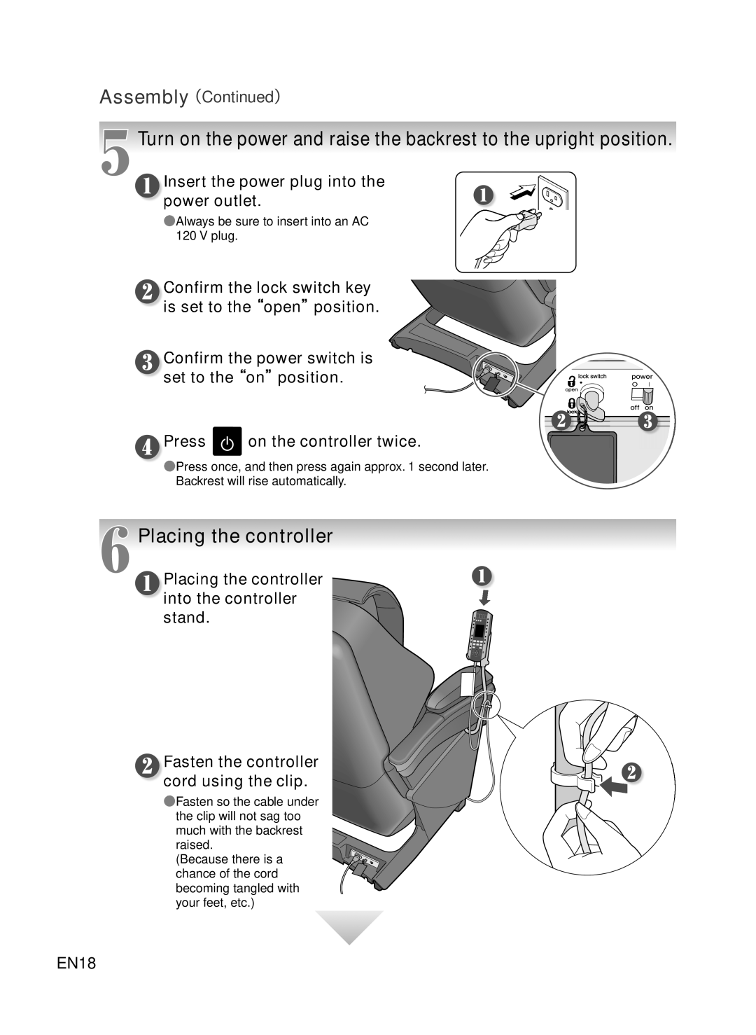 Panasonic EP-MA73 Assembly, Placing the controller, Turn on the power and raise the backrest to the upright position, EN18 