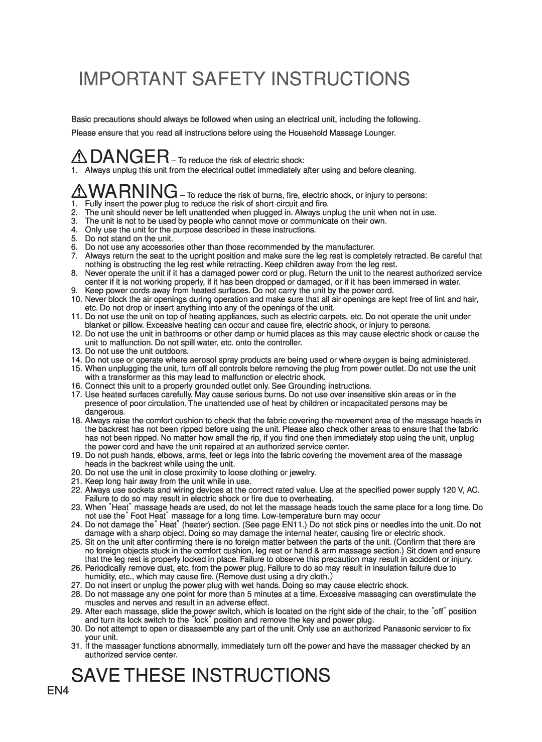 Panasonic EP-MA73 manual Important Safety Instructions, Save These Instructions 