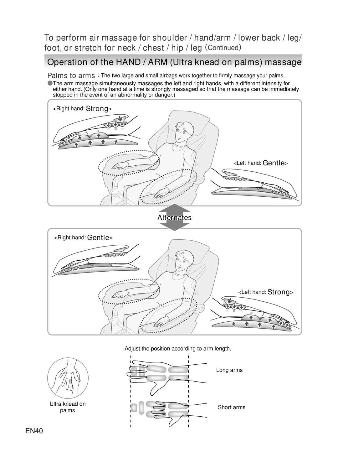 Panasonic EP-MA73 manual Operation of the HAND / ARM Ultra knead on palms massage, Alternates, EN40 