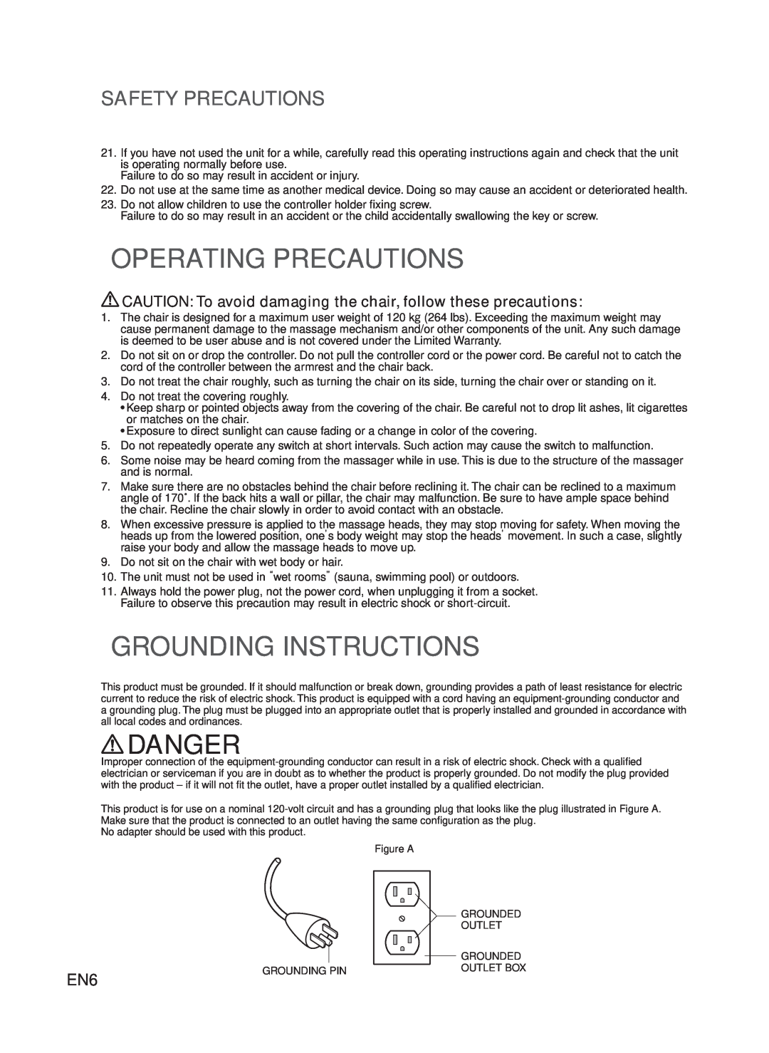Panasonic EP-MA73 manual Operating Precautions, Grounding Instructions, Danger, Safety Precautions 
