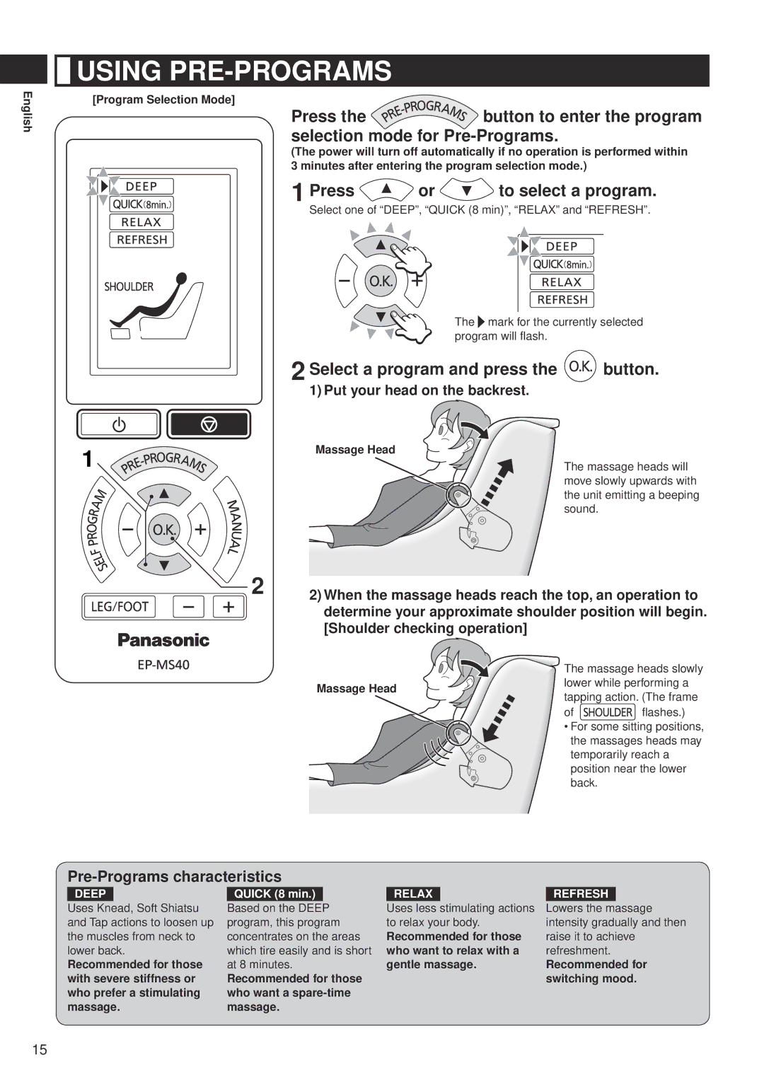 Panasonic EP-MS40 manual Using PRE-PROGRAMS, Press or to select a program, Pre-Programs characteristics 