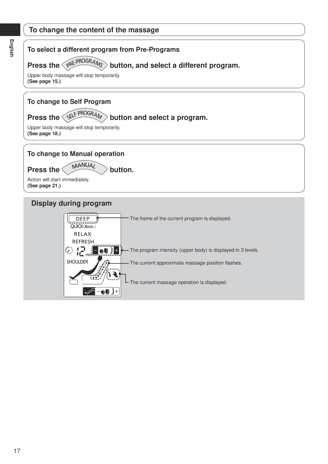 Panasonic EP-MS40 manual To change the content of the massage, Press the button, and select a different program 