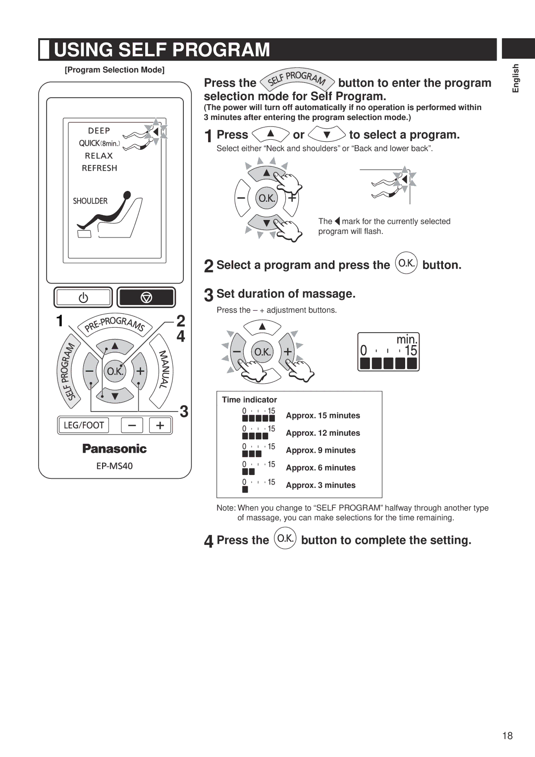 Panasonic EP-MS40 Using Self Program, Press the button to complete the setting, Time indicator Approx minutes English 