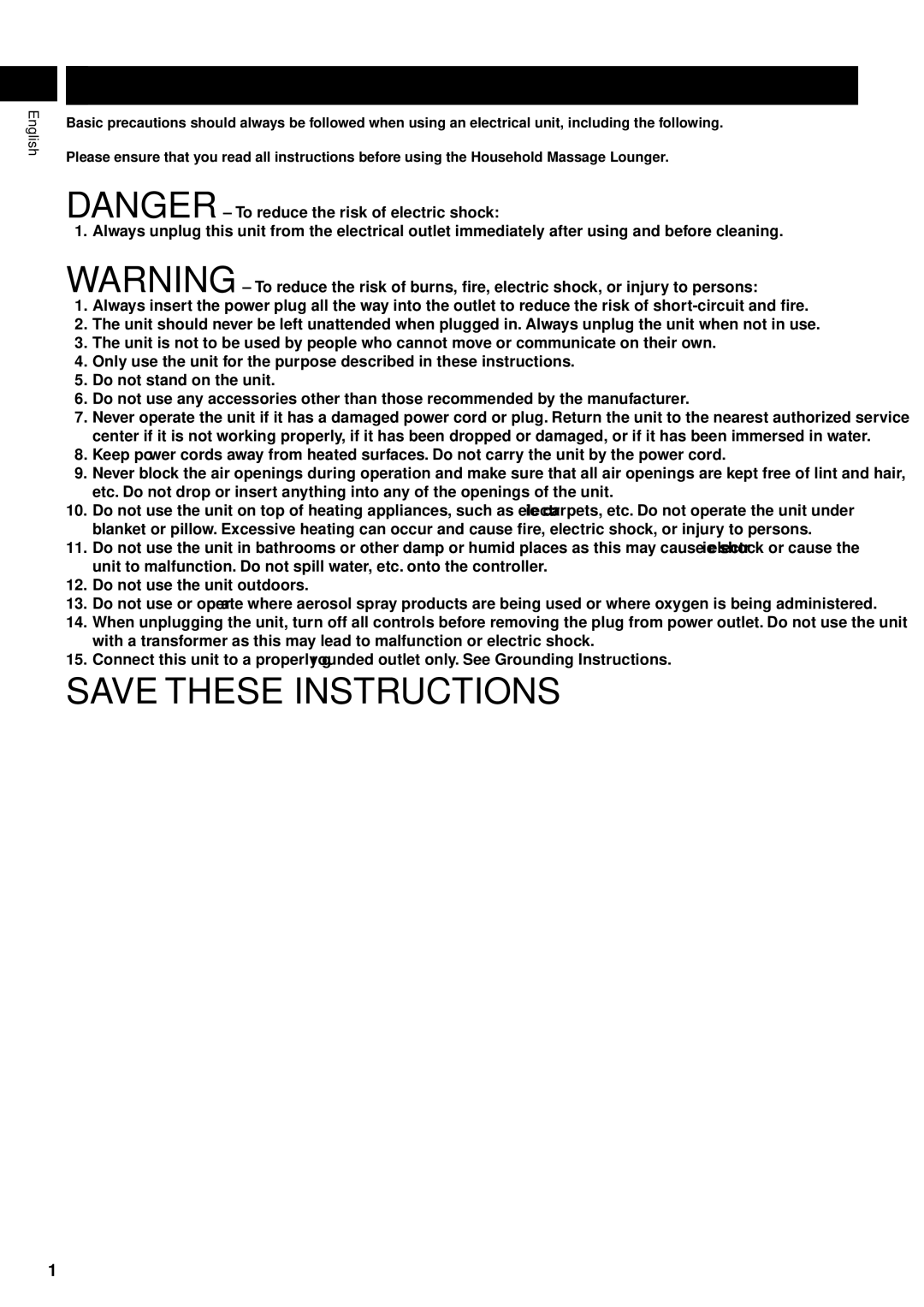 Panasonic EP-MS40 manual Important Safety Instructions, English 