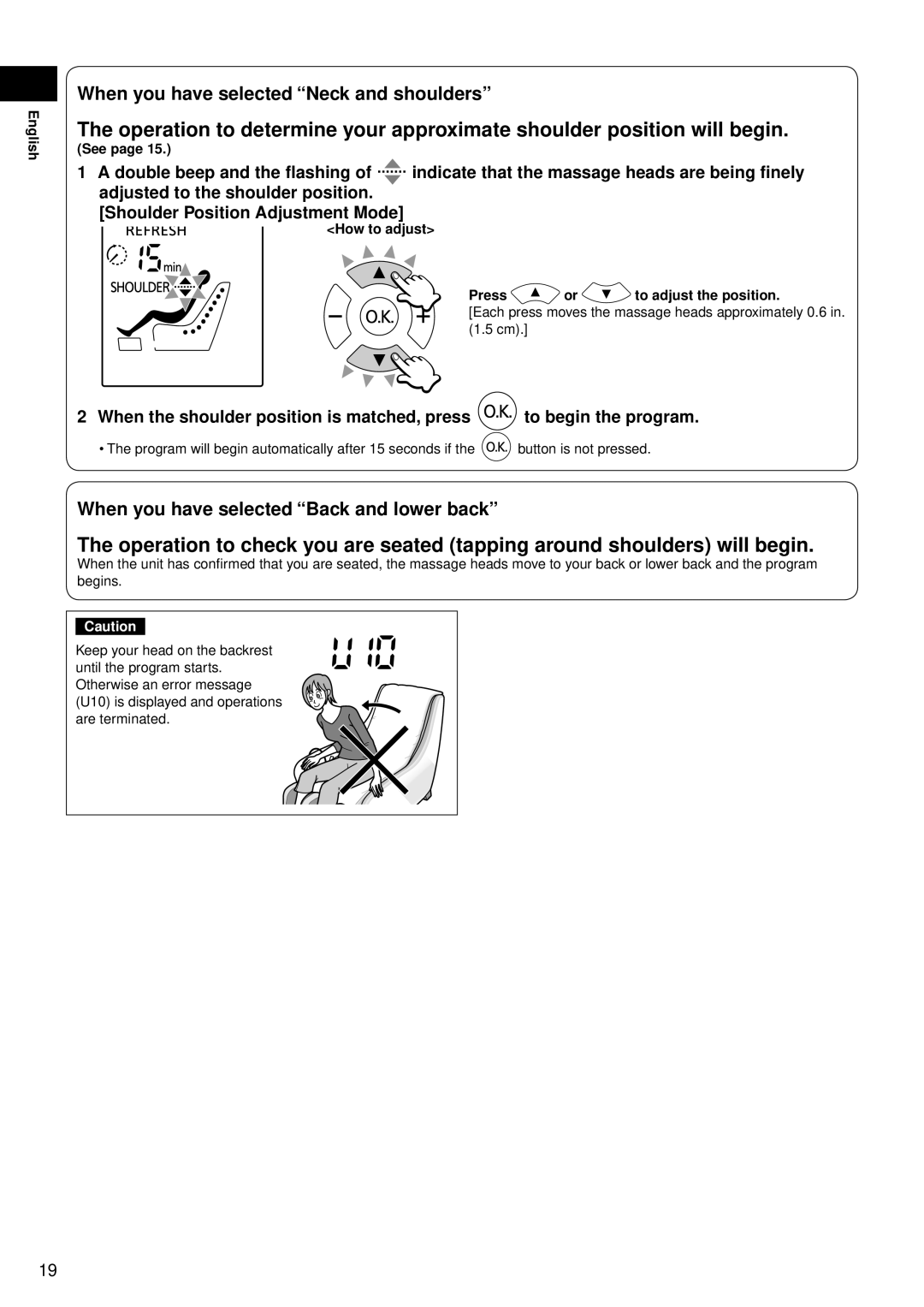 Panasonic EP-MS40 manual When you have selected Neck and shoulders, When you have selected Back and lower back 