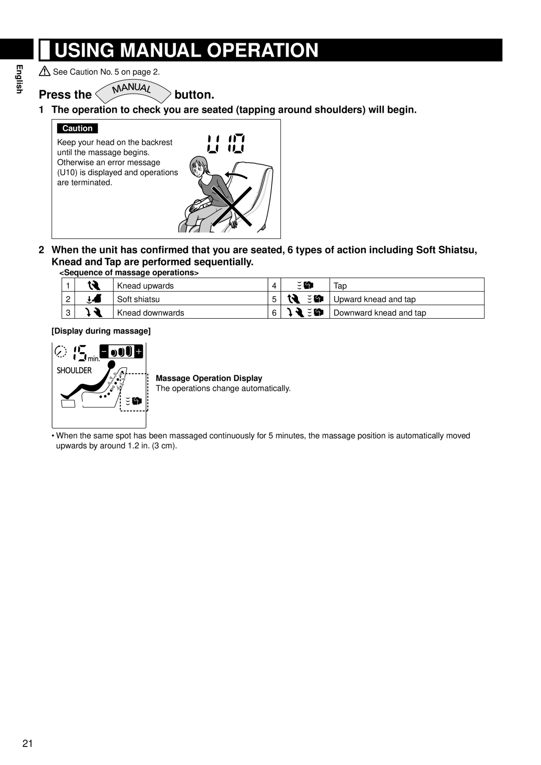 Panasonic EP-MS40 manual Using Manual Operation, Press Button, Sequence of massage operations 